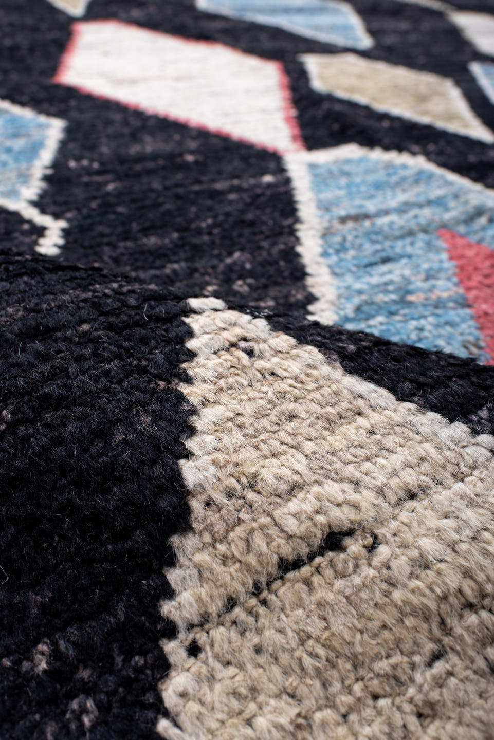 10' x 13' one-of-a-kind handmade vintage Tulu large size rug. Color palette: charcoal, ivory, camel, sky_blue, crimson, sage