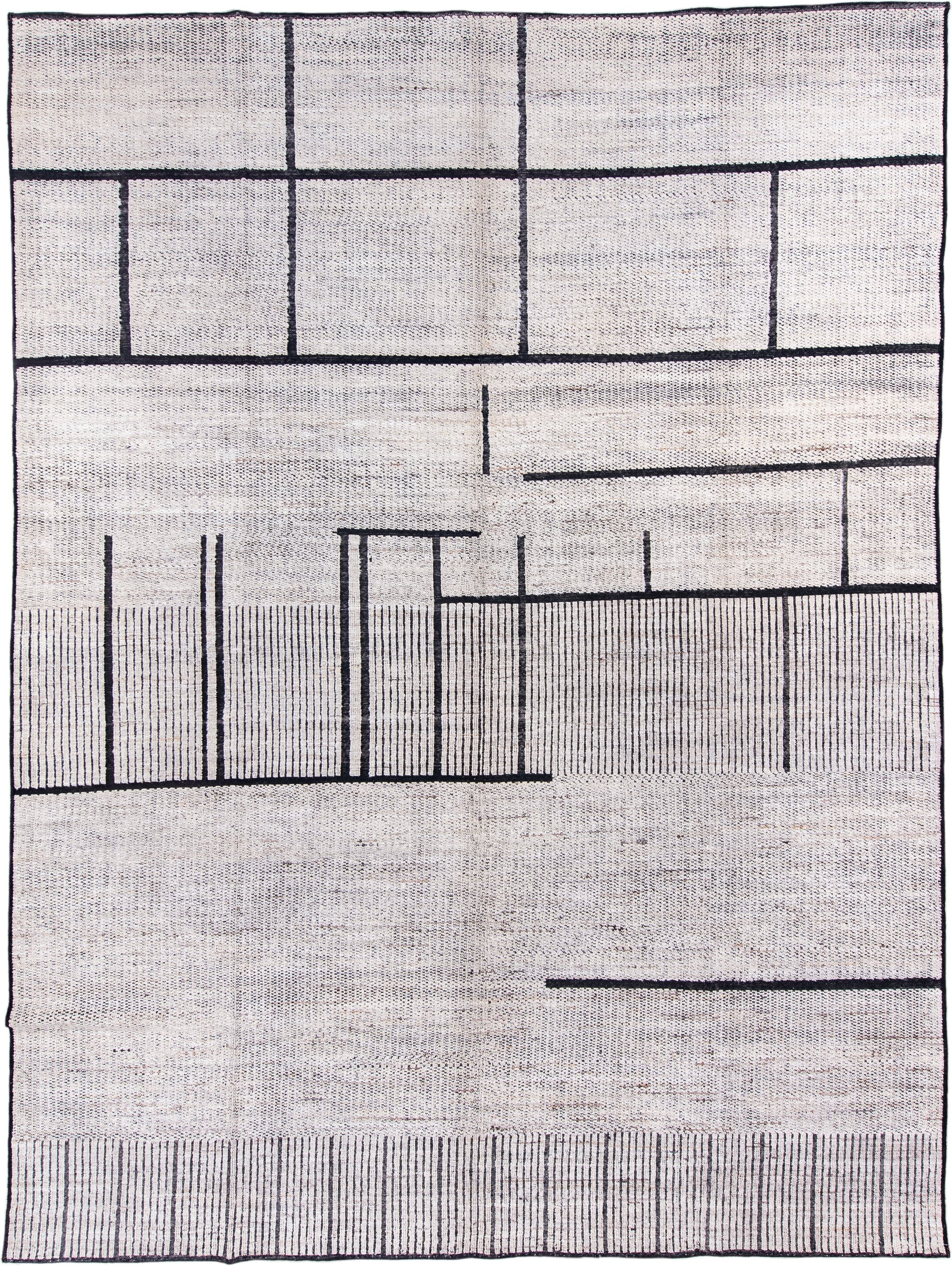 10' x 13' one-of-a-kind handmade vintage Tulu large size rug. Color palette: ivory, charcoal, taupe, gray, black, beige