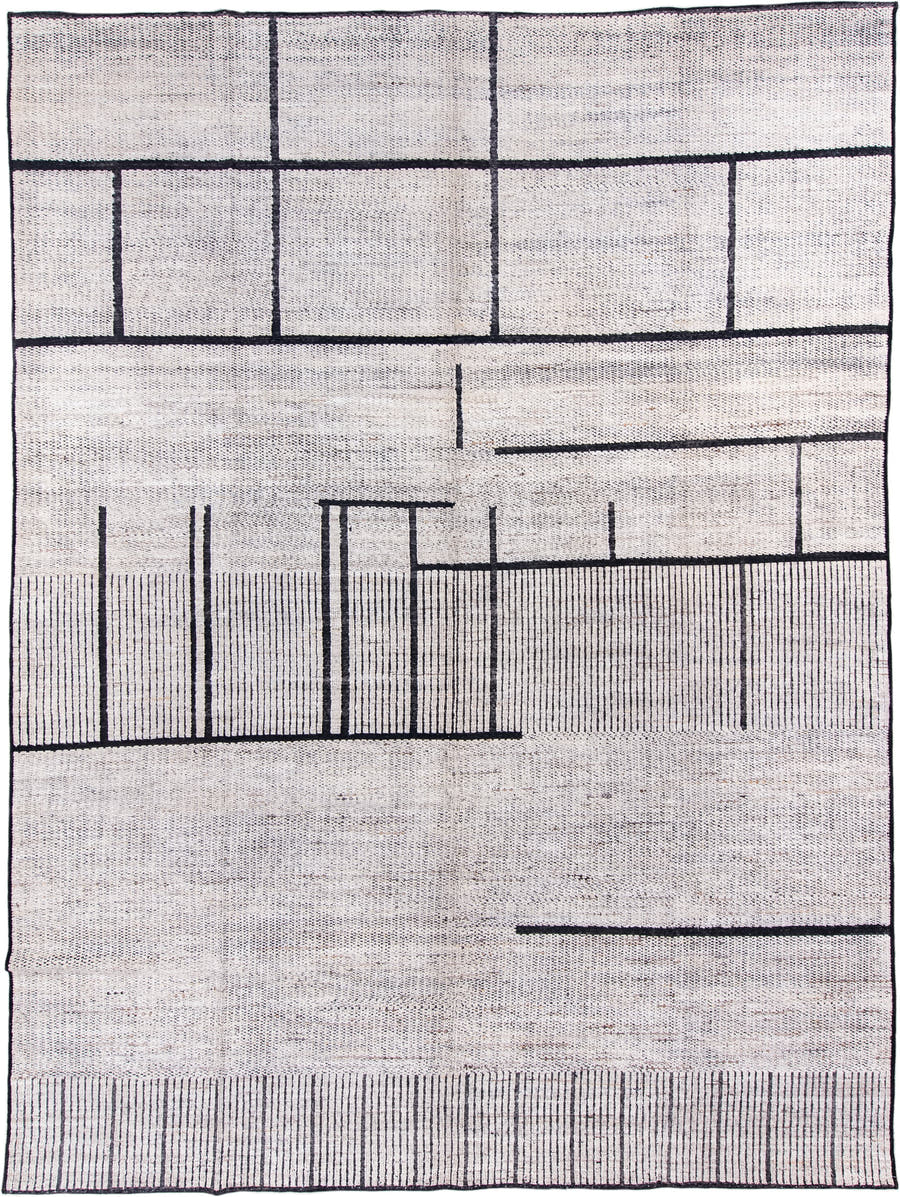 10' x 13' one-of-a-kind handmade vintage Tulu large size rug. Color palette: ivory, charcoal, taupe, gray, black, beige