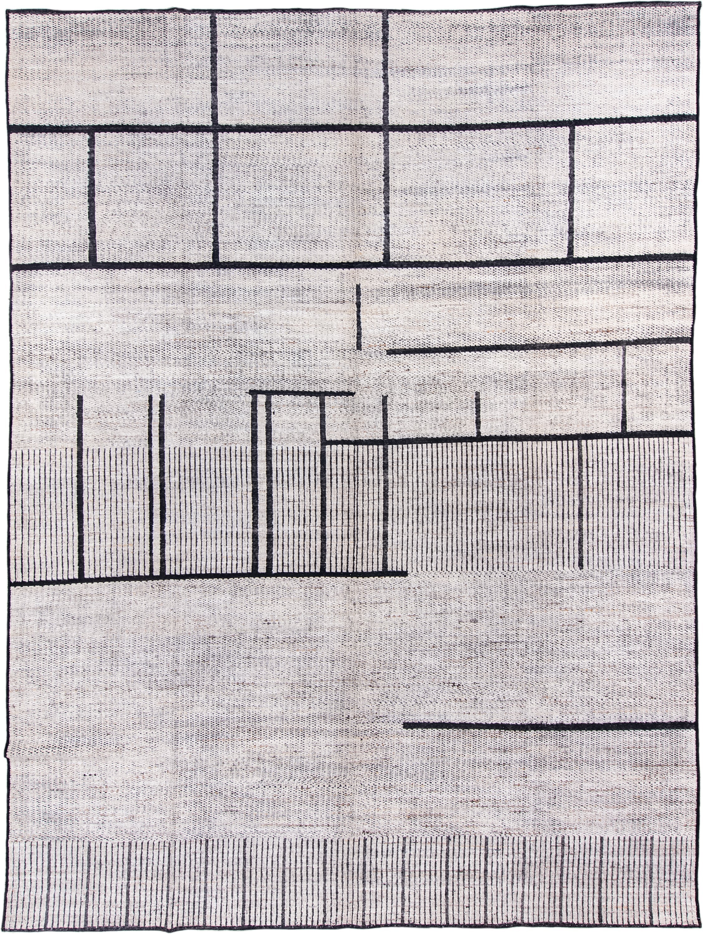 10' x 13' one-of-a-kind handmade vintage Tulu large size rug. Color palette: ivory, charcoal, taupe, gray, black, beige