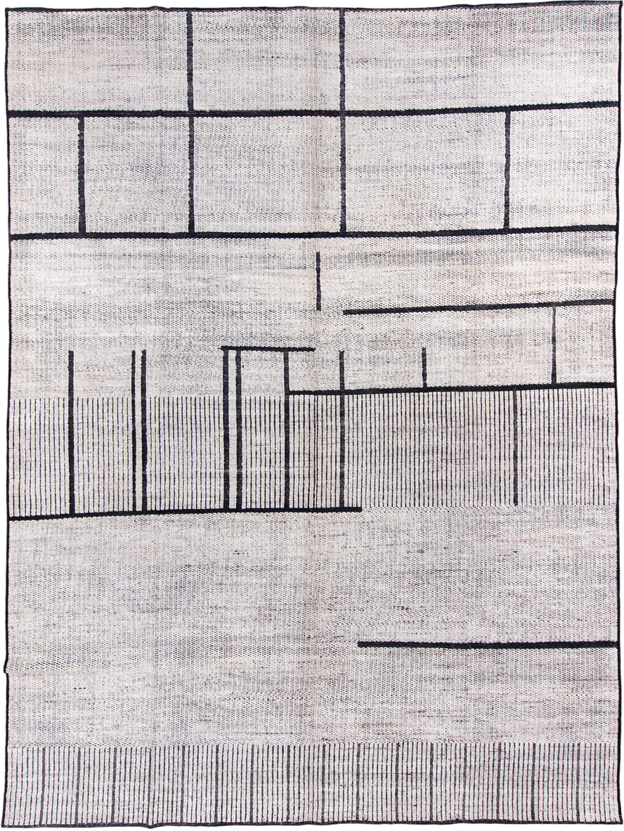 10' x 13' one-of-a-kind handmade vintage Tulu large size rug. Color palette: ivory, charcoal, taupe, gray, black, beige