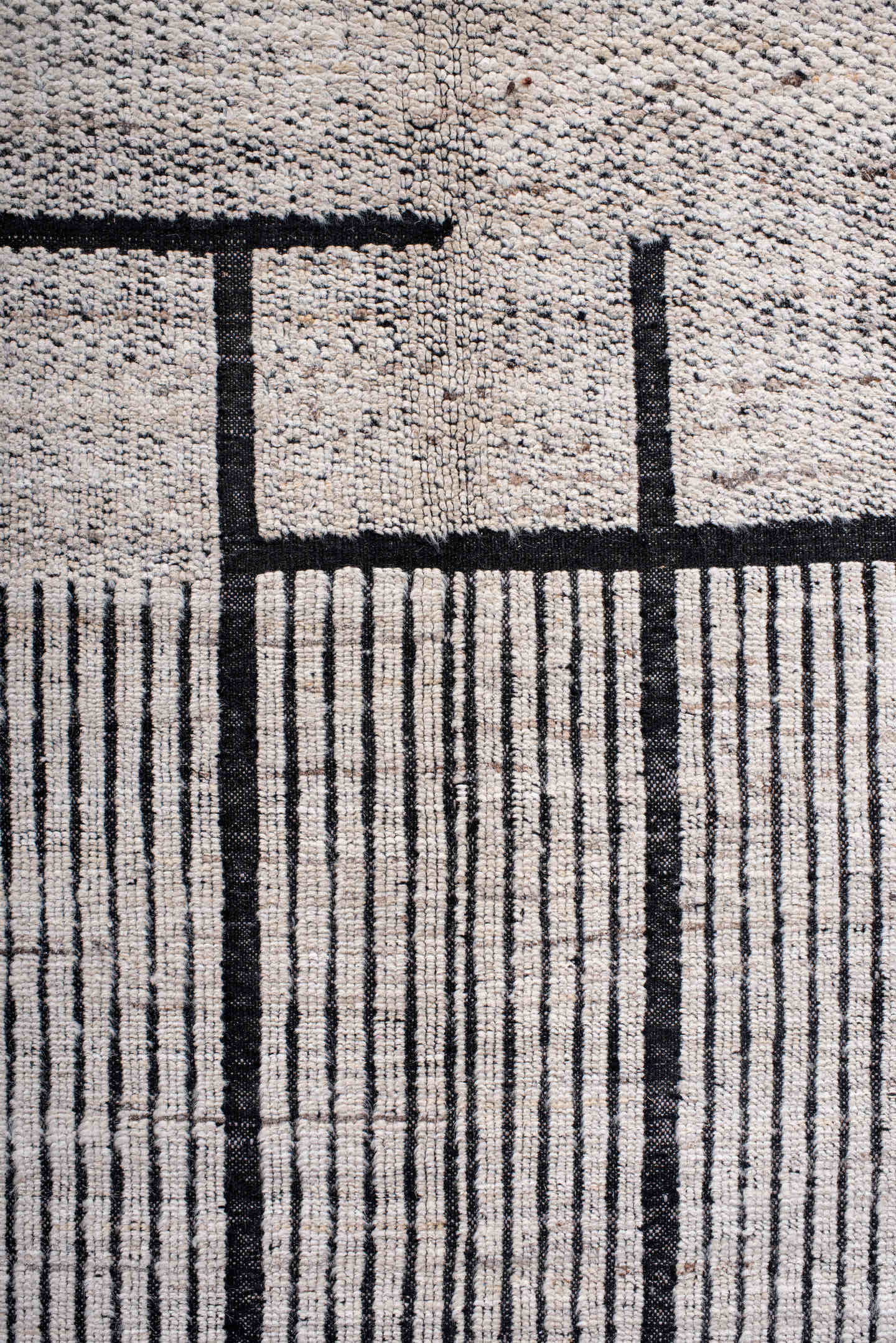 10' x 13' one-of-a-kind handmade vintage Tulu large size rug. Color palette: ivory, charcoal, taupe, gray, black, beige