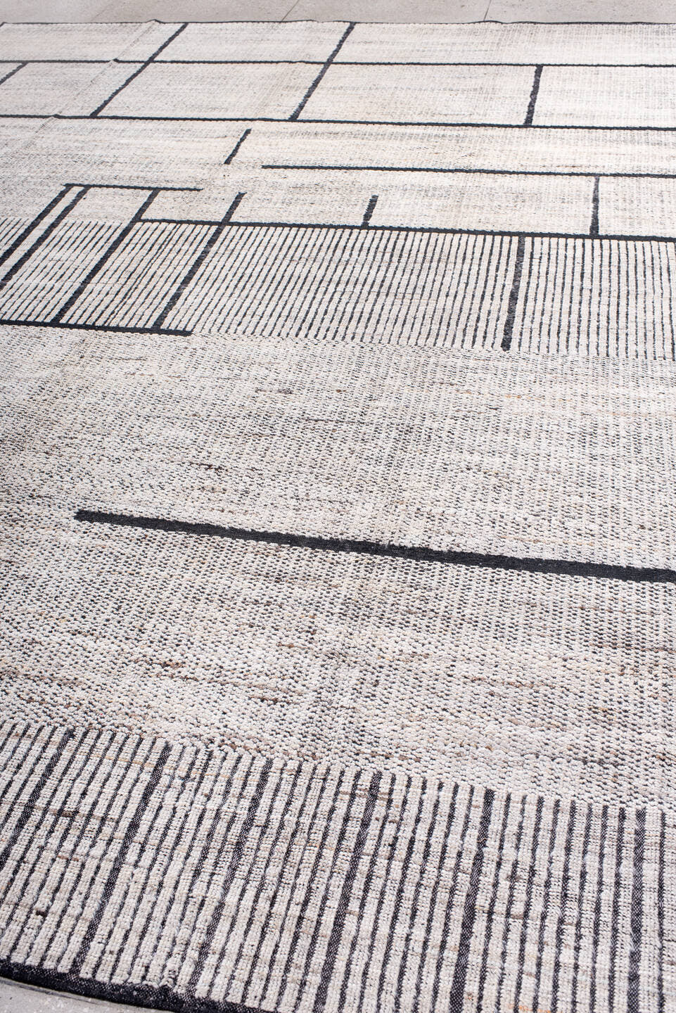 10' x 13' one-of-a-kind handmade vintage Tulu large size rug. Color palette: ivory, charcoal, taupe, gray, black, beige