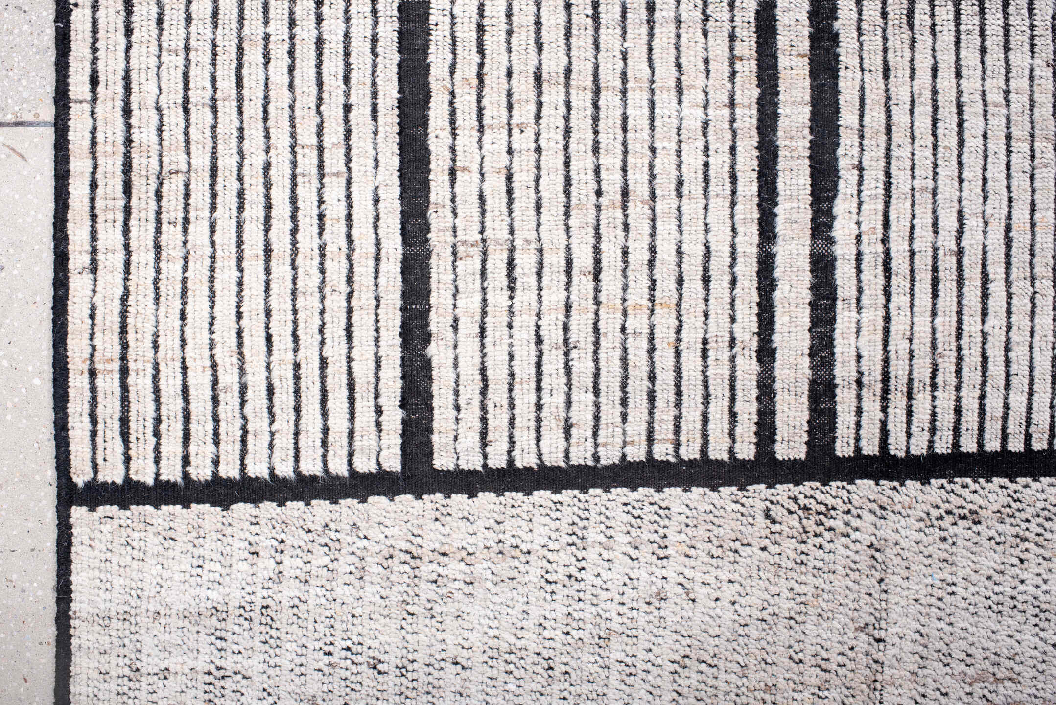10' x 13' one-of-a-kind handmade vintage Tulu large size rug. Color palette: ivory, charcoal, taupe, gray, black, beige