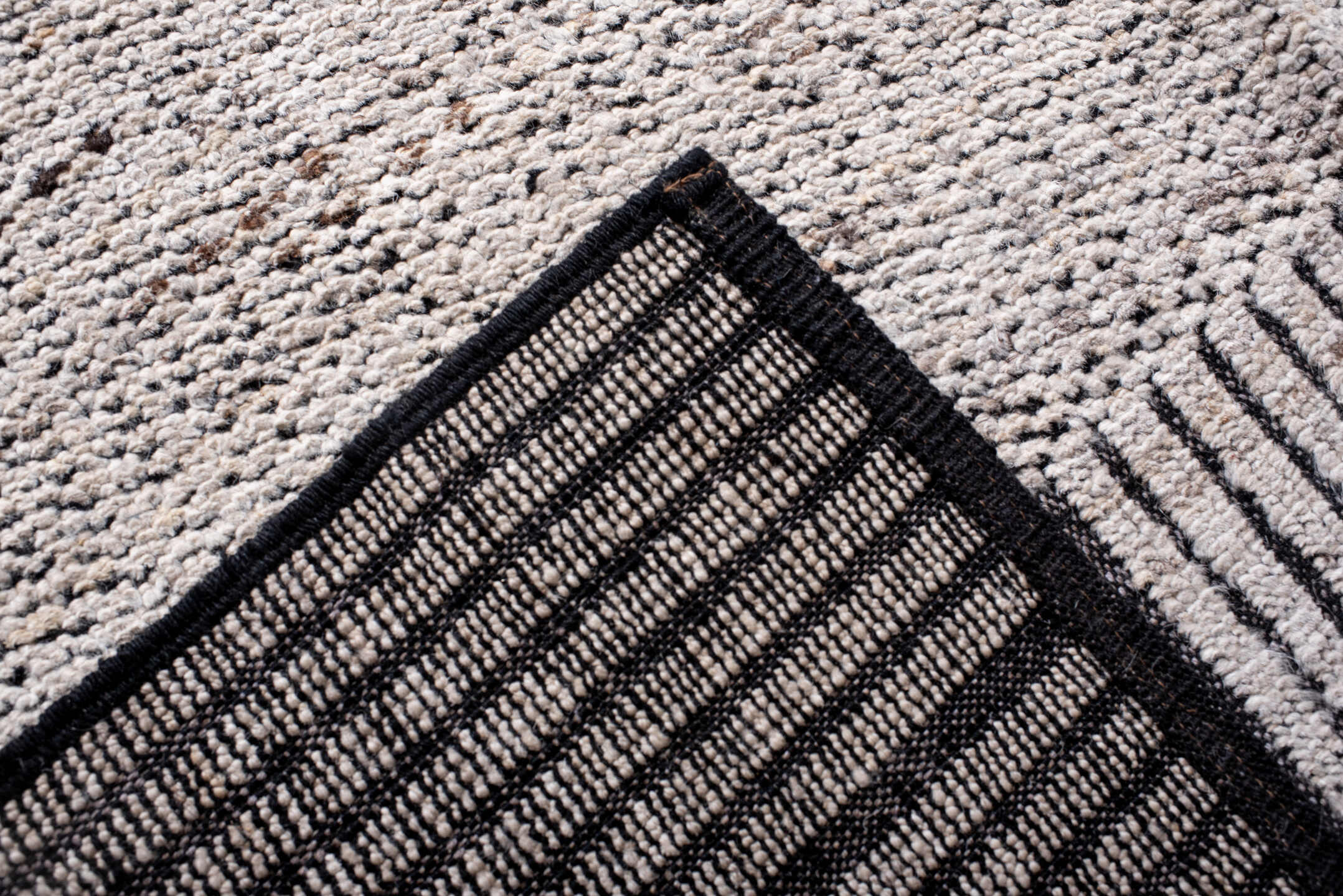10' x 13' one-of-a-kind handmade vintage Tulu large size rug. Color palette: ivory, charcoal, taupe, gray, black, beige
