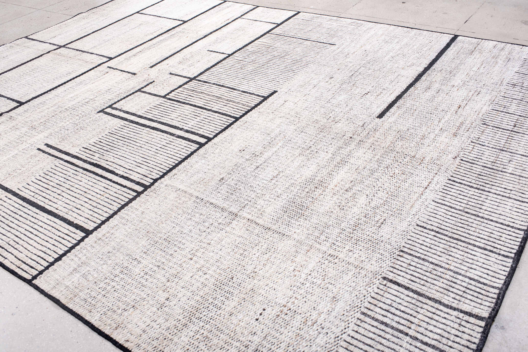 10' x 13' one-of-a-kind handmade vintage Tulu large size rug. Color palette: ivory, charcoal, taupe, gray, black, beige