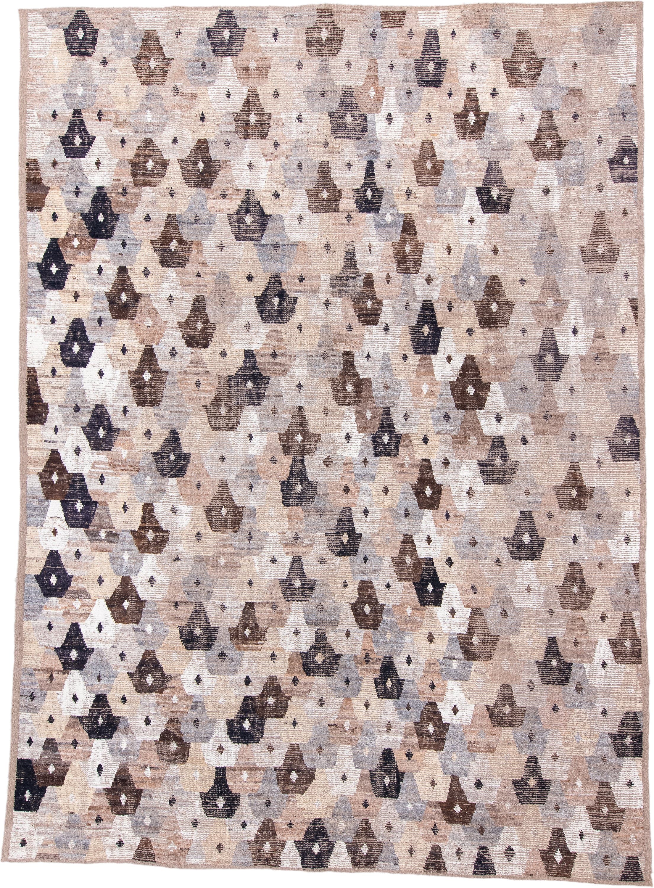 11' x 15' one-of-a-kind handmade vintage Tulu oversize rug. Color palette: ivory, taupe, gray, brown, charcoal, beige, black