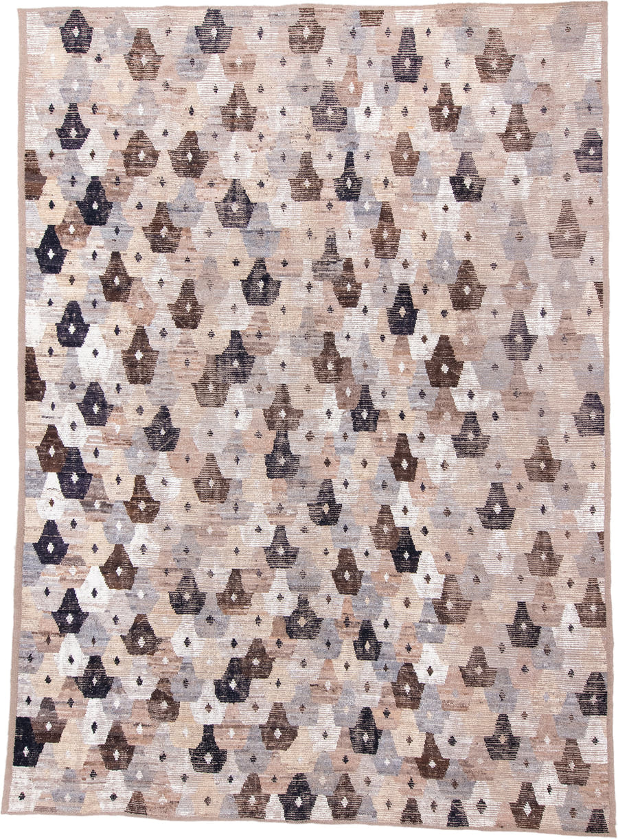 11' x 15' one-of-a-kind handmade vintage Tulu oversize rug. Color palette: ivory, taupe, gray, brown, charcoal, beige, black