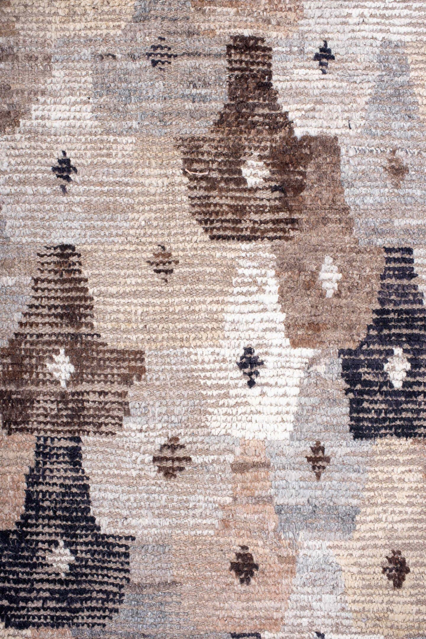 11' x 15' one-of-a-kind handmade vintage Tulu oversize rug. Color palette: ivory, taupe, gray, brown, charcoal, beige, black