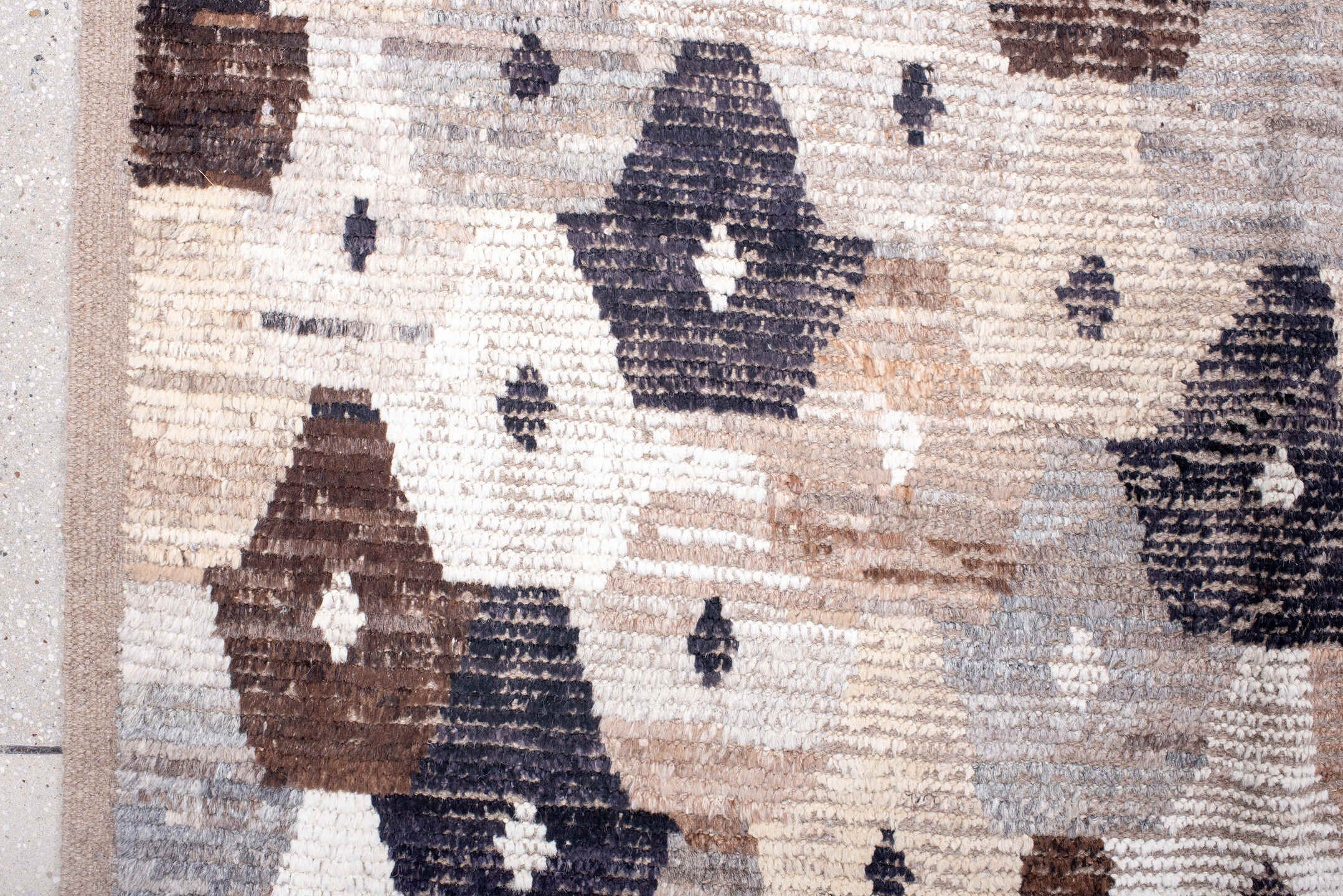11' x 15' one-of-a-kind handmade vintage Tulu oversize rug. Color palette: ivory, taupe, gray, brown, charcoal, beige, black