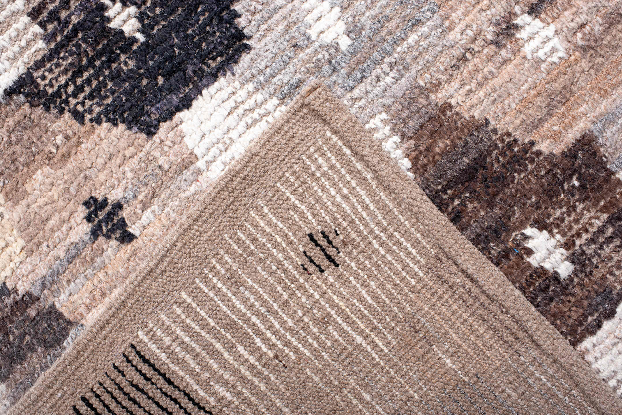 11' x 15' one-of-a-kind handmade vintage Tulu oversize rug. Color palette: ivory, taupe, gray, brown, charcoal, beige, black