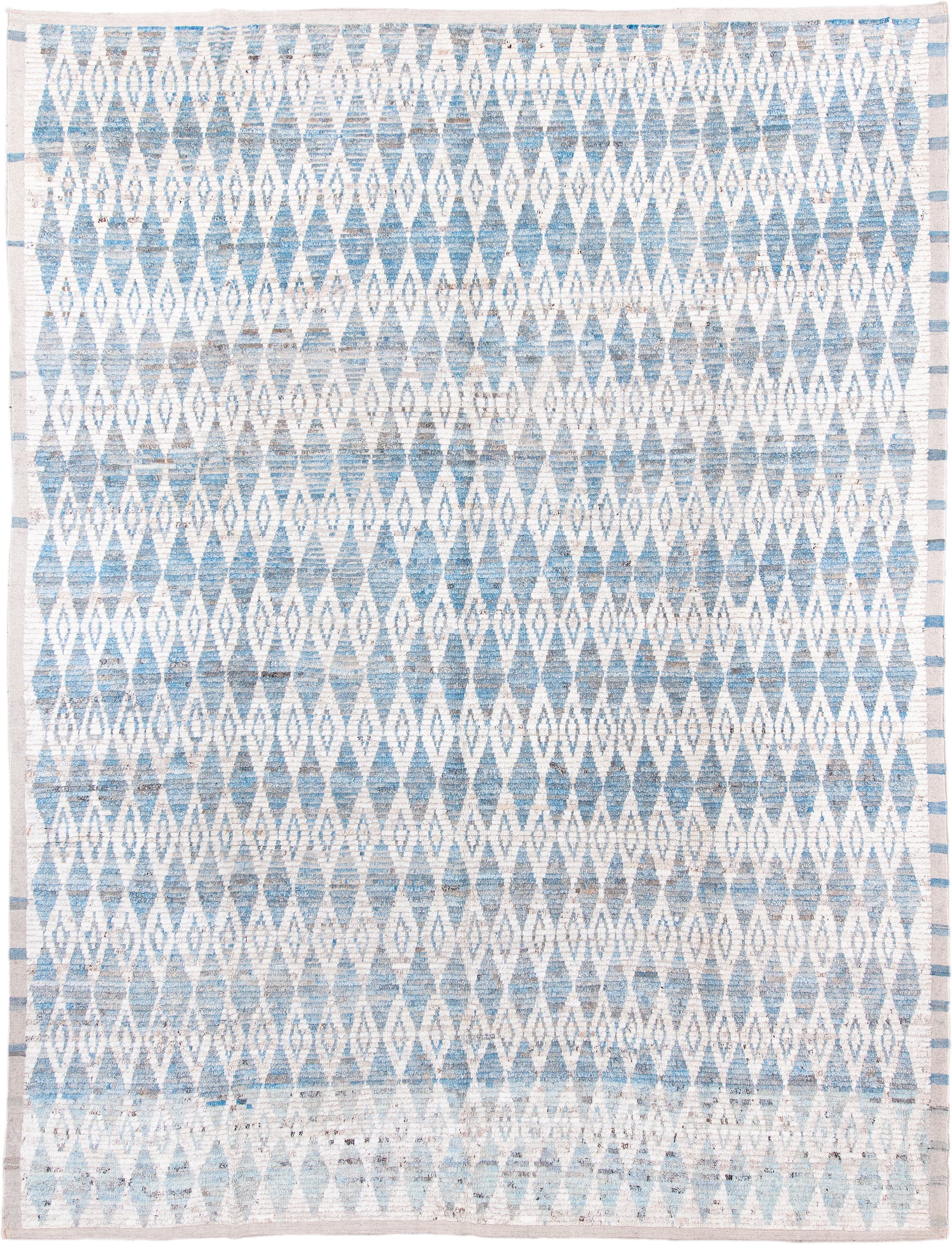 10' x 13' one-of-a-kind handmade vintage Tulu large size rug. Color palette: ivory, sky blue, pale blue, taupe, light blue
