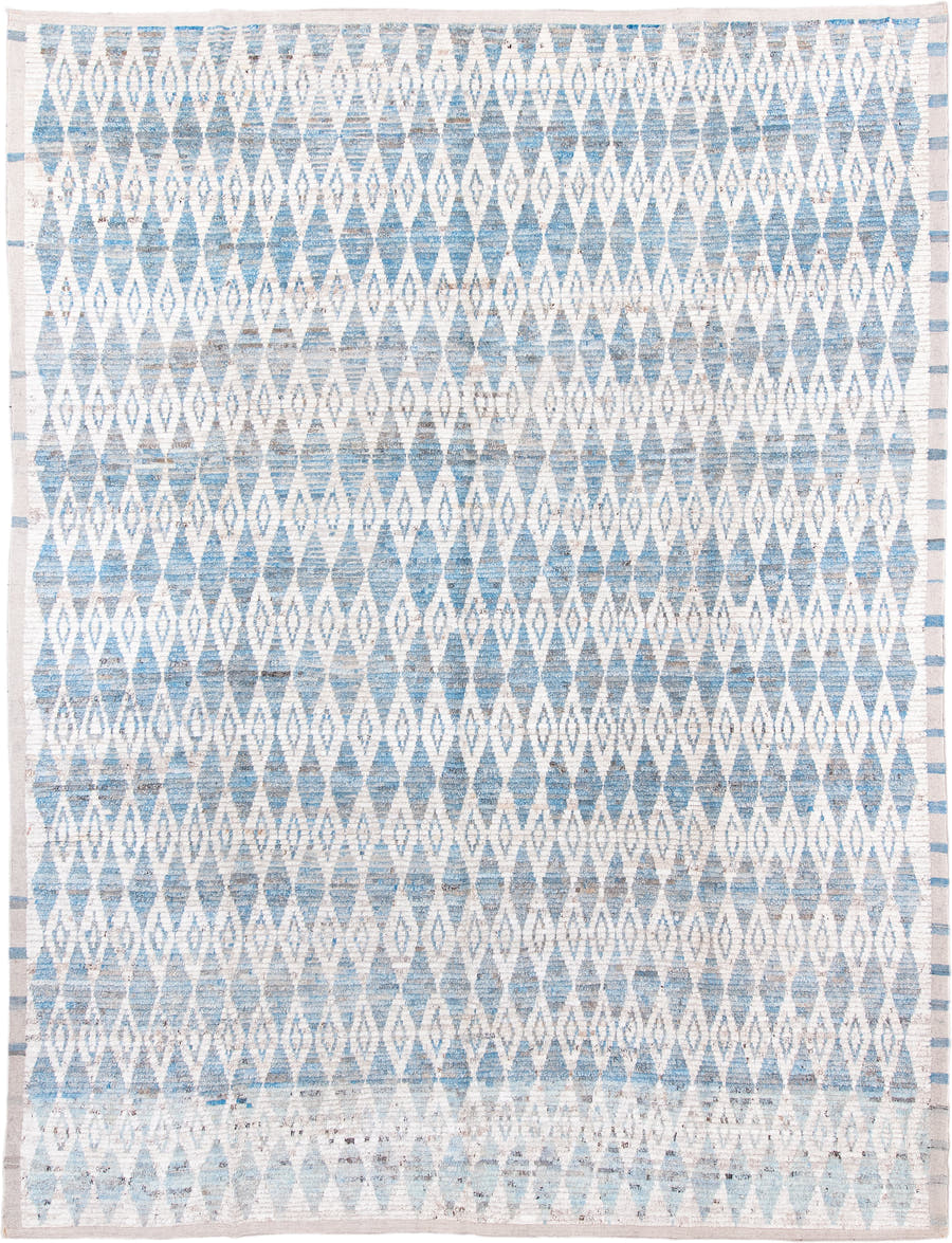 10' x 13' one-of-a-kind handmade vintage Tulu large size rug. Color palette: ivory, sky blue, pale blue, taupe, light blue