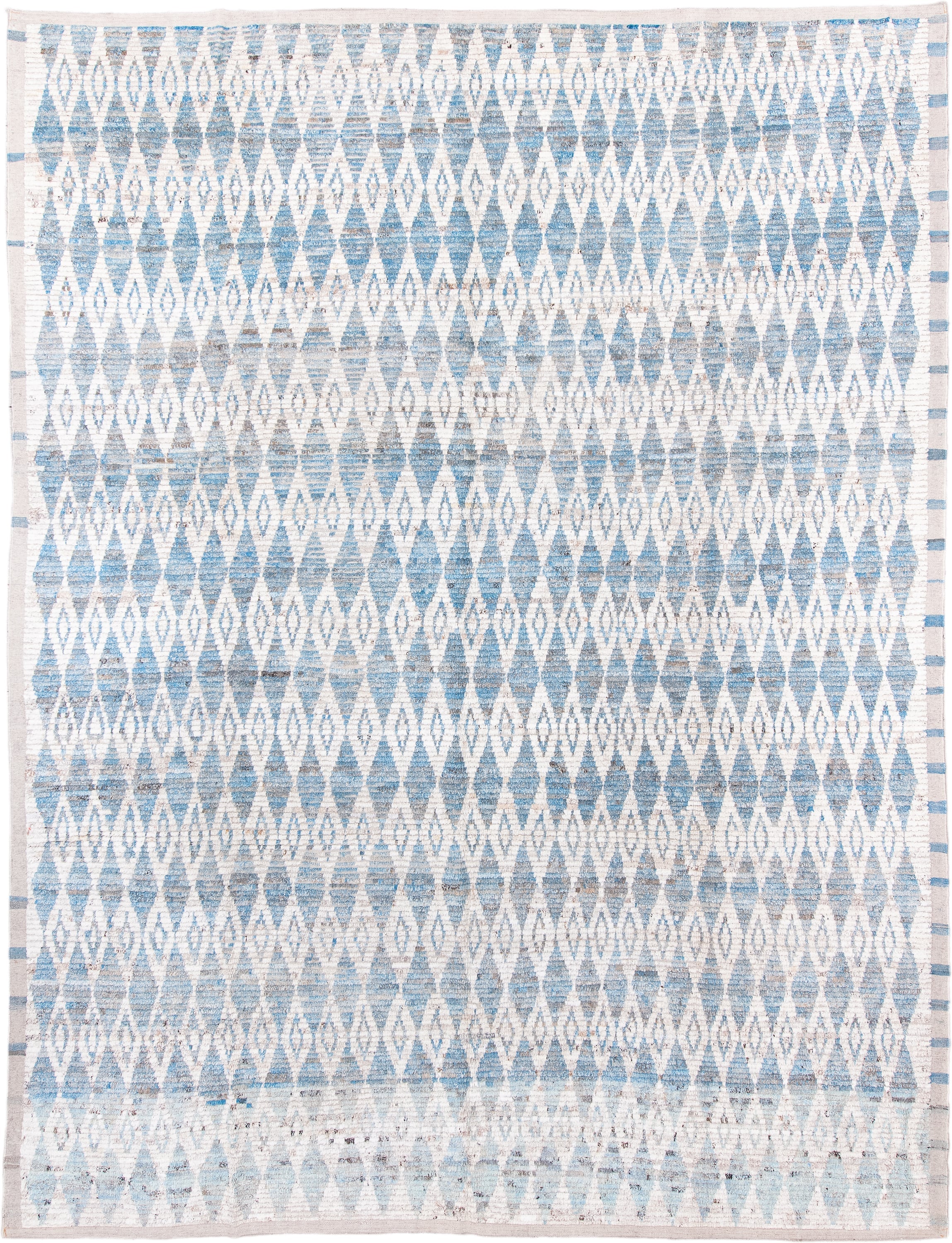 10' x 13' one-of-a-kind handmade vintage Tulu large size rug. Color palette: ivory, sky blue, pale blue, taupe, light blue