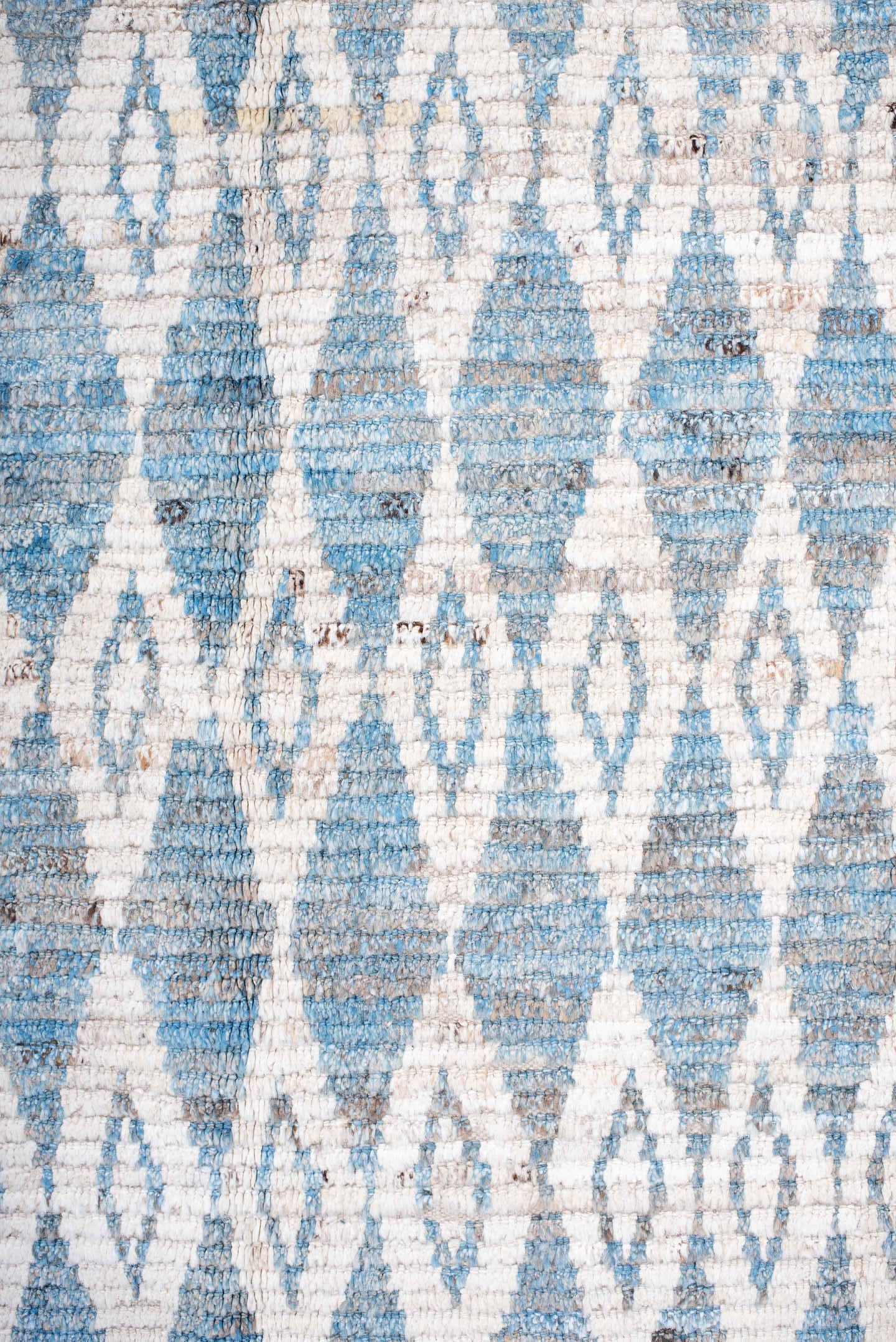 10' x 13' one-of-a-kind handmade vintage Tulu large size rug. Color palette: ivory, sky blue, pale blue, taupe, light blue