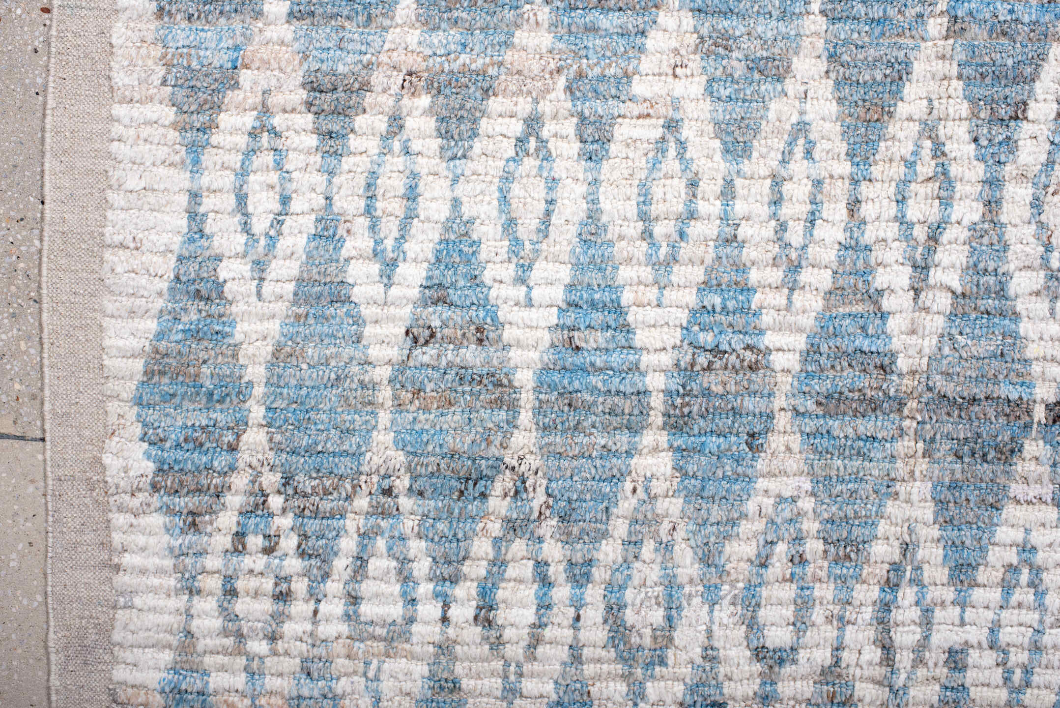 10' x 13' one-of-a-kind handmade vintage Tulu large size rug. Color palette: ivory, sky blue, pale blue, taupe, light blue