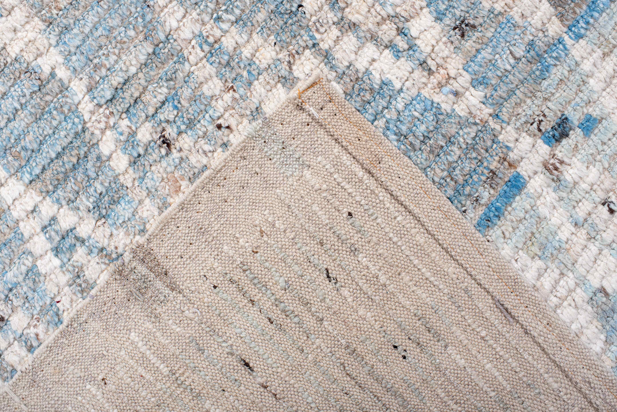 10' x 13' one-of-a-kind handmade vintage Tulu large size rug. Color palette: ivory, sky blue, pale blue, taupe, light blue