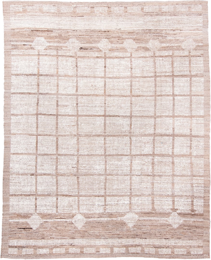 8' x 10' one-of-a-kind handmade vintage Tulu large size rug. Color palette: ivory, taupe, beige, camel, brown, gray