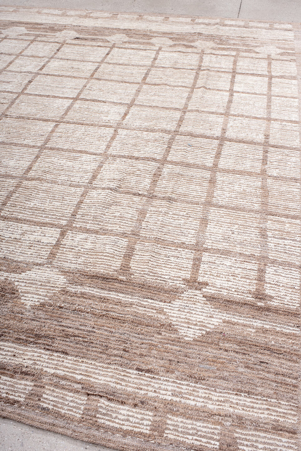 8' x 10' one-of-a-kind handmade vintage Tulu large size rug. Color palette: ivory, taupe, beige, camel, brown, gray