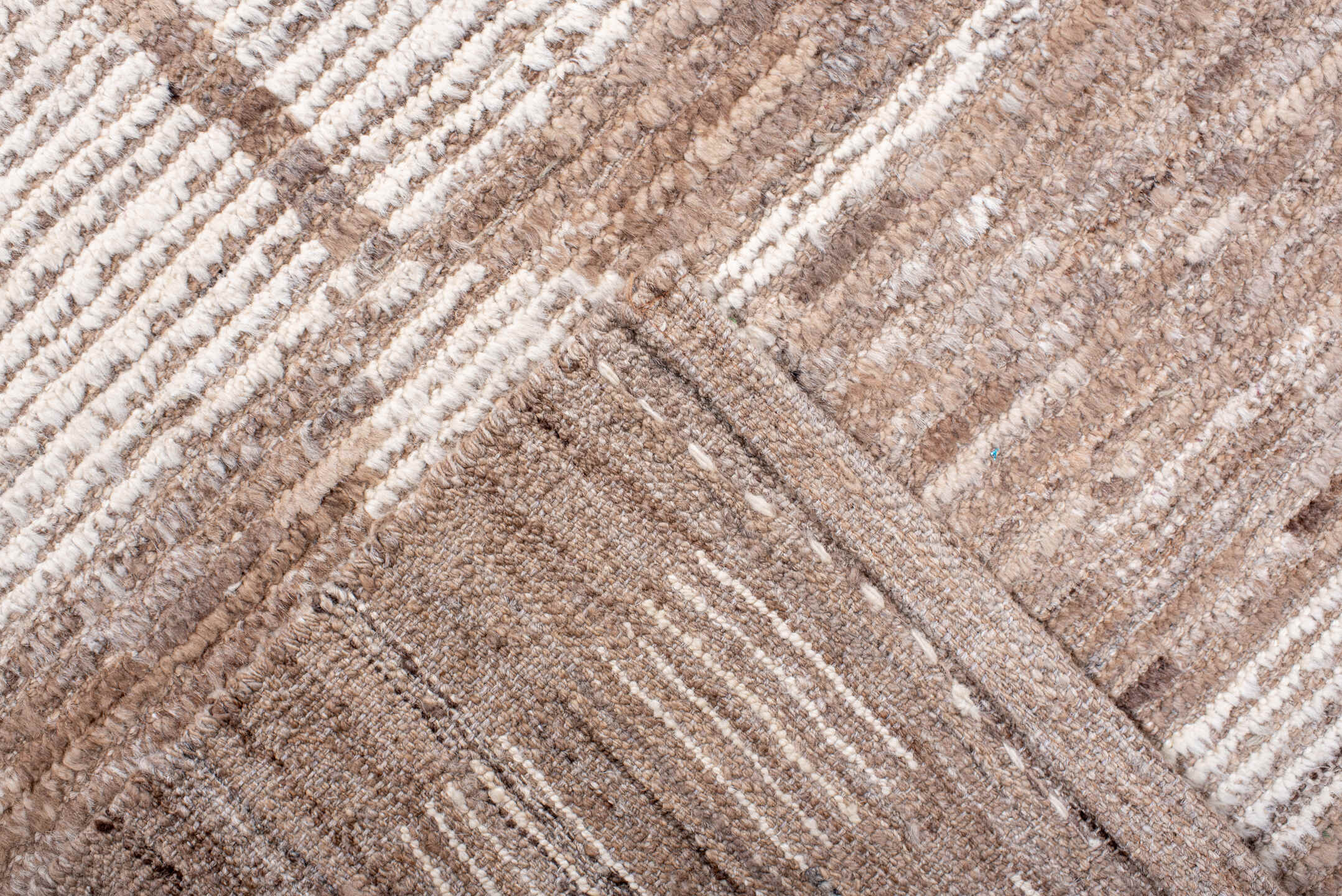 8' x 10' one-of-a-kind handmade vintage Tulu large size rug. Color palette: ivory, taupe, beige, camel, brown, gray
