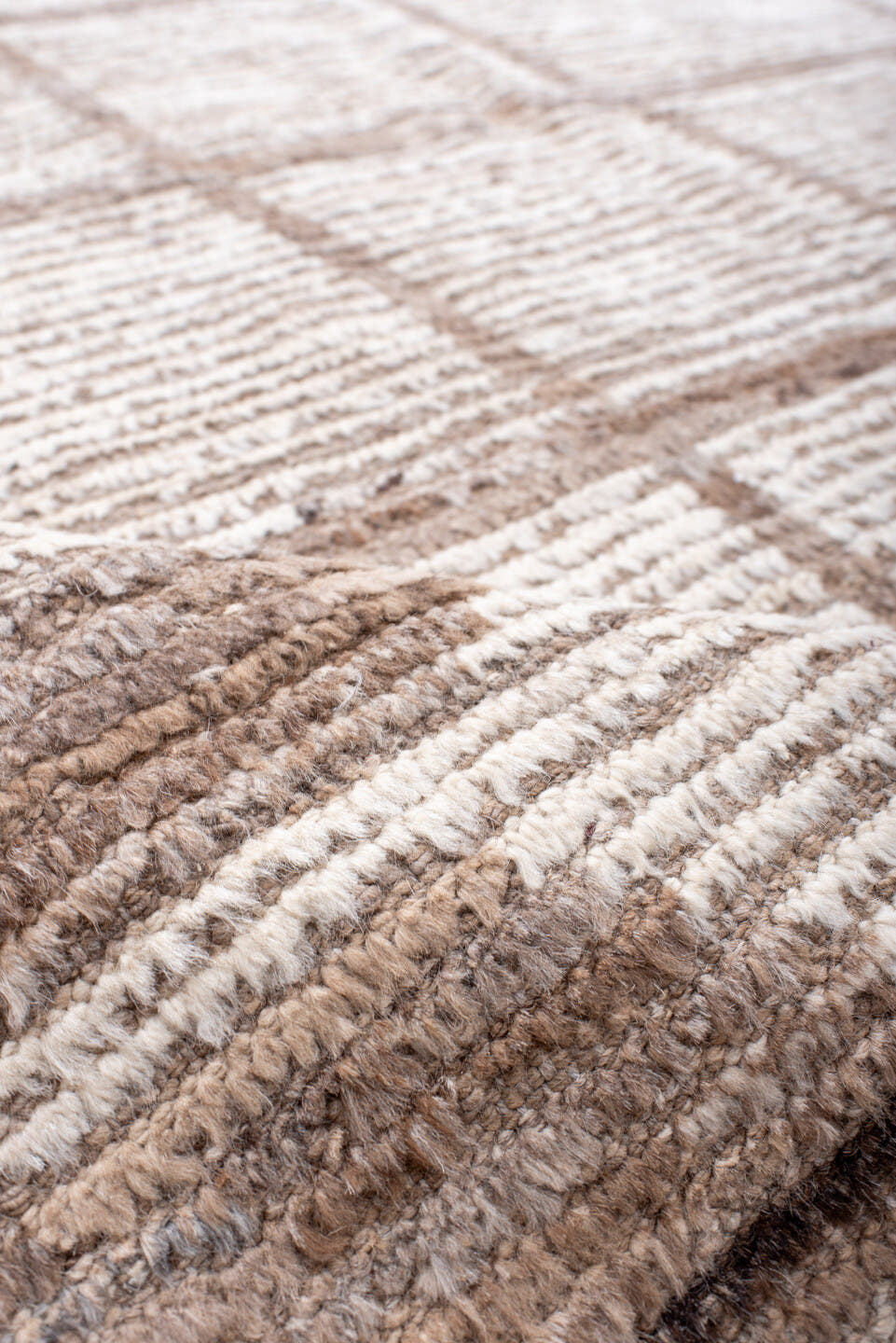 8' x 10' one-of-a-kind handmade vintage Tulu large size rug. Color palette: ivory, taupe, beige, camel, brown, gray
