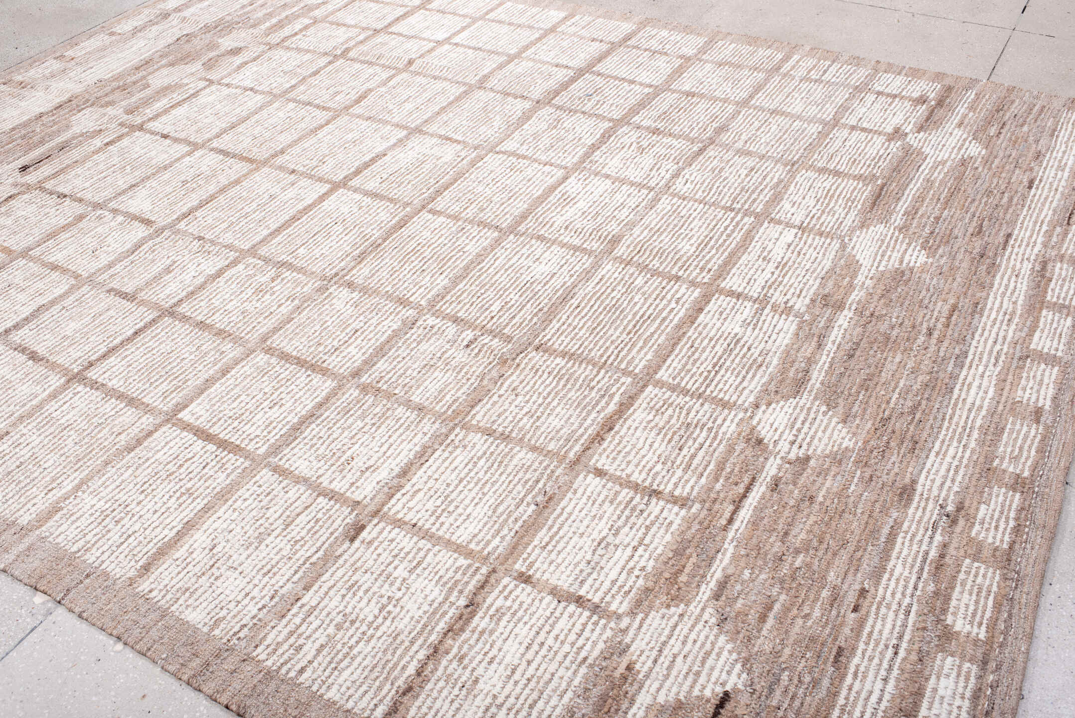 8' x 10' one-of-a-kind handmade vintage Tulu large size rug. Color palette: ivory, taupe, beige, camel, brown, gray