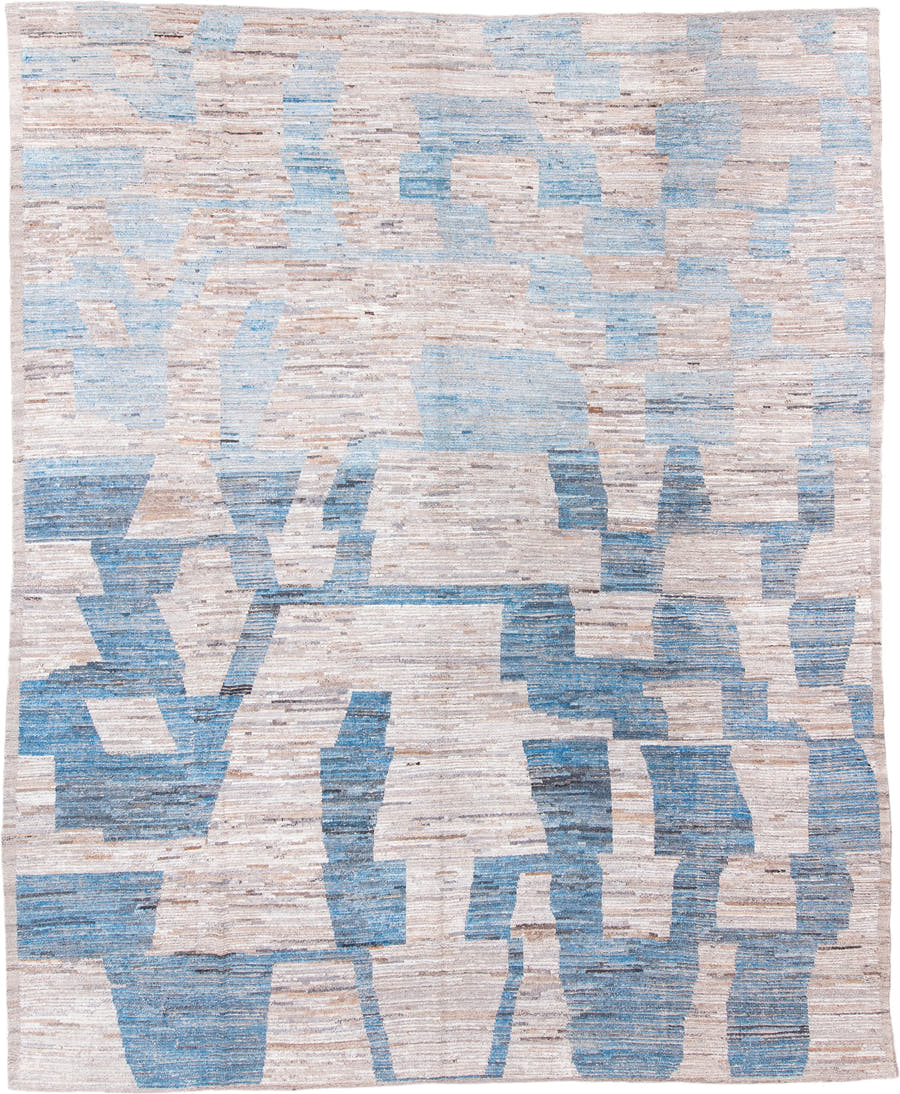 12' x 15' one-of-a-kind handmade vintage Tulu oversize rug. Color palette: beige, sky blue, ivory, taupe, slate, light blue