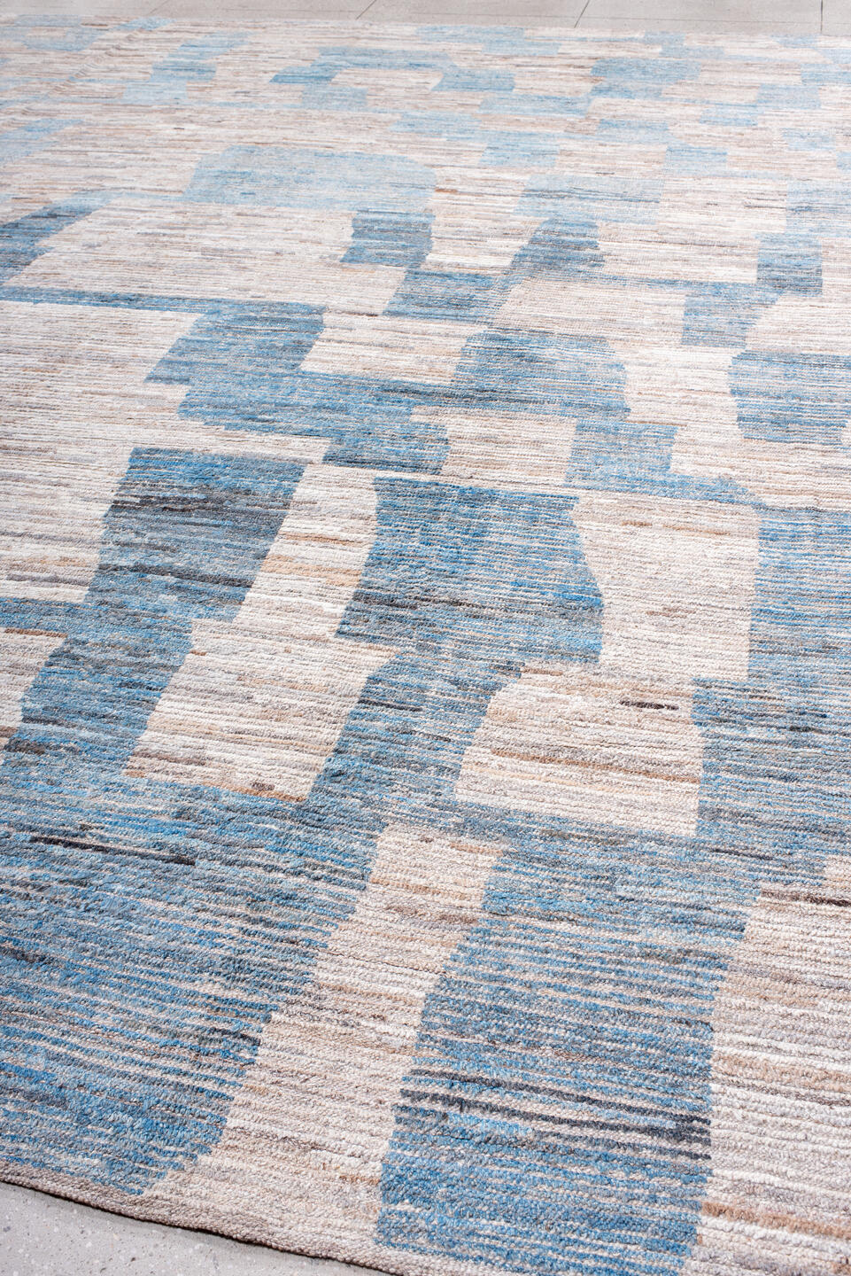 12' x 15' one-of-a-kind handmade vintage Tulu oversize rug. Color palette: beige, sky blue, ivory, taupe, slate, light blue