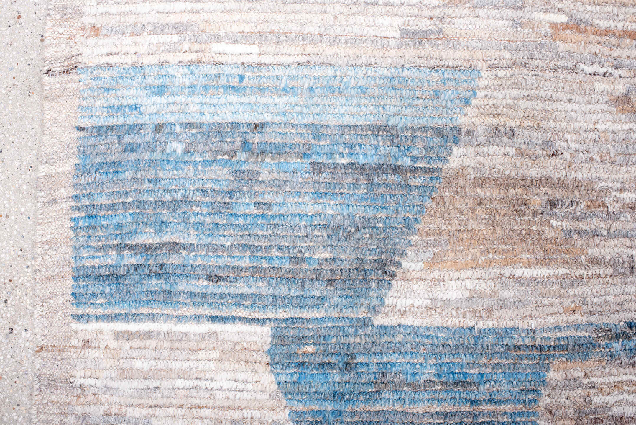 12' x 15' one-of-a-kind handmade vintage Tulu oversize rug. Color palette: beige, sky blue, ivory, taupe, slate, light blue