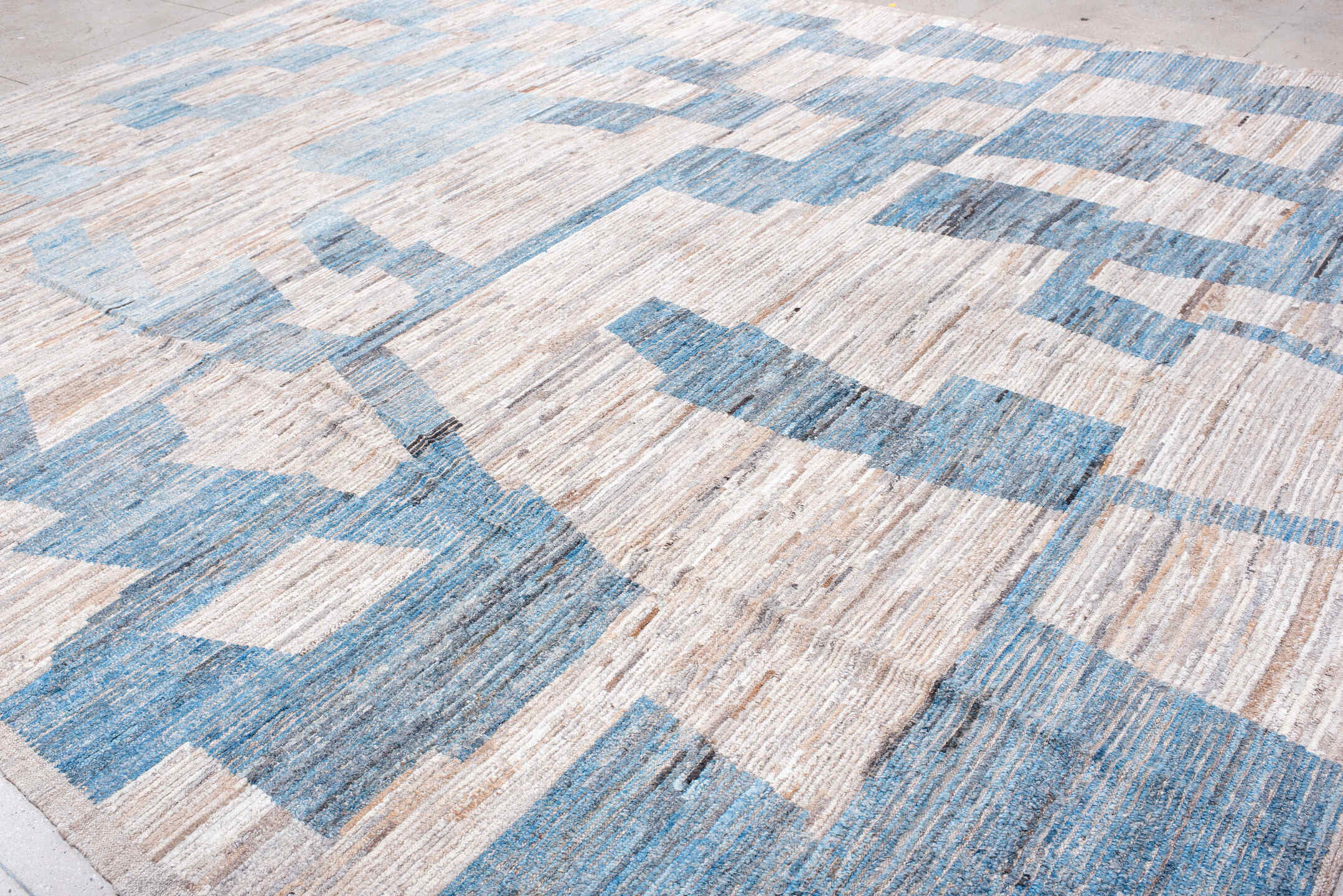 12' x 15' one-of-a-kind handmade vintage Tulu oversize rug. Color palette: beige, sky blue, ivory, taupe, slate, light blue