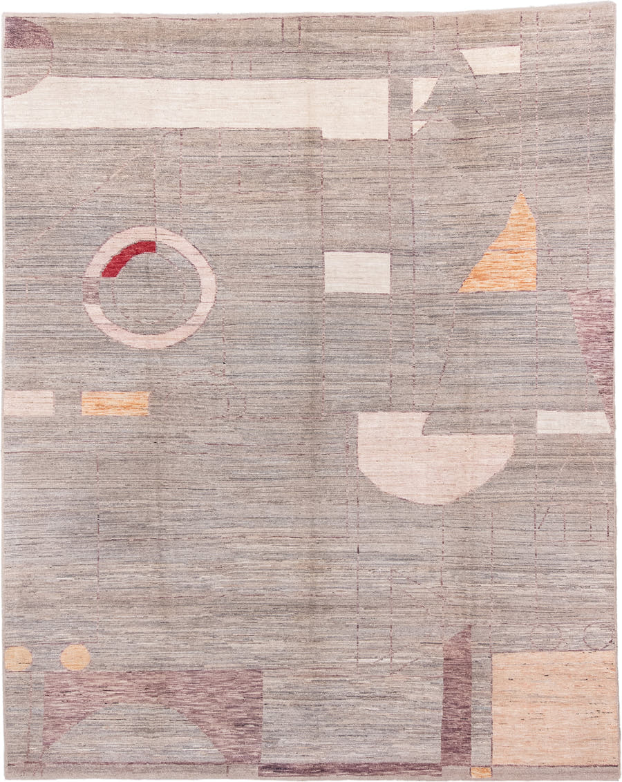 9' x 12' one-of-a-kind handmade vintage Tulu large size rug. Color palette: taupe, ivory, blush, mauve, apricot, gray