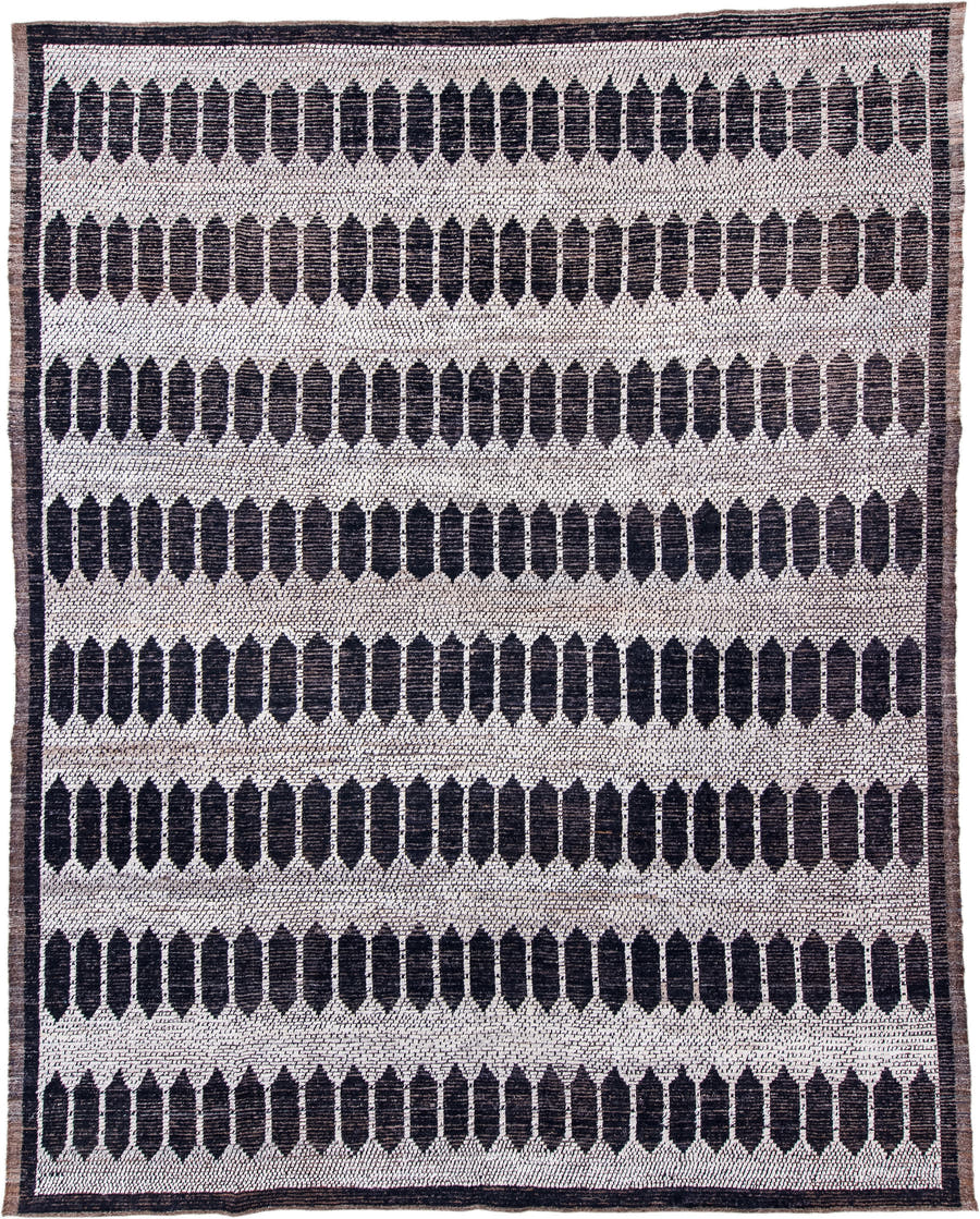 12' x 15' one-of-a-kind handmade vintage Tulu oversize rug. Color palette: ivory, charcoal, taupe, brown, gray, black, beige