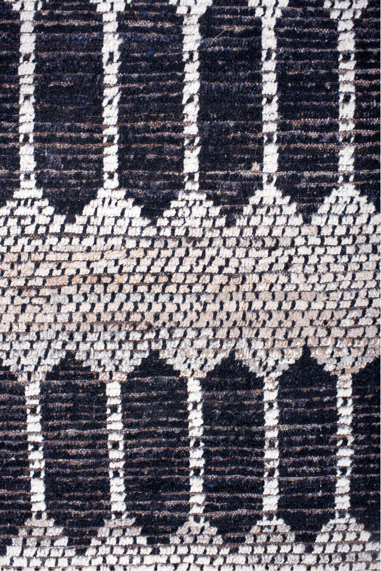 12' x 15' one-of-a-kind handmade vintage Tulu oversize rug. Color palette: ivory, charcoal, taupe, brown, gray, black, beige