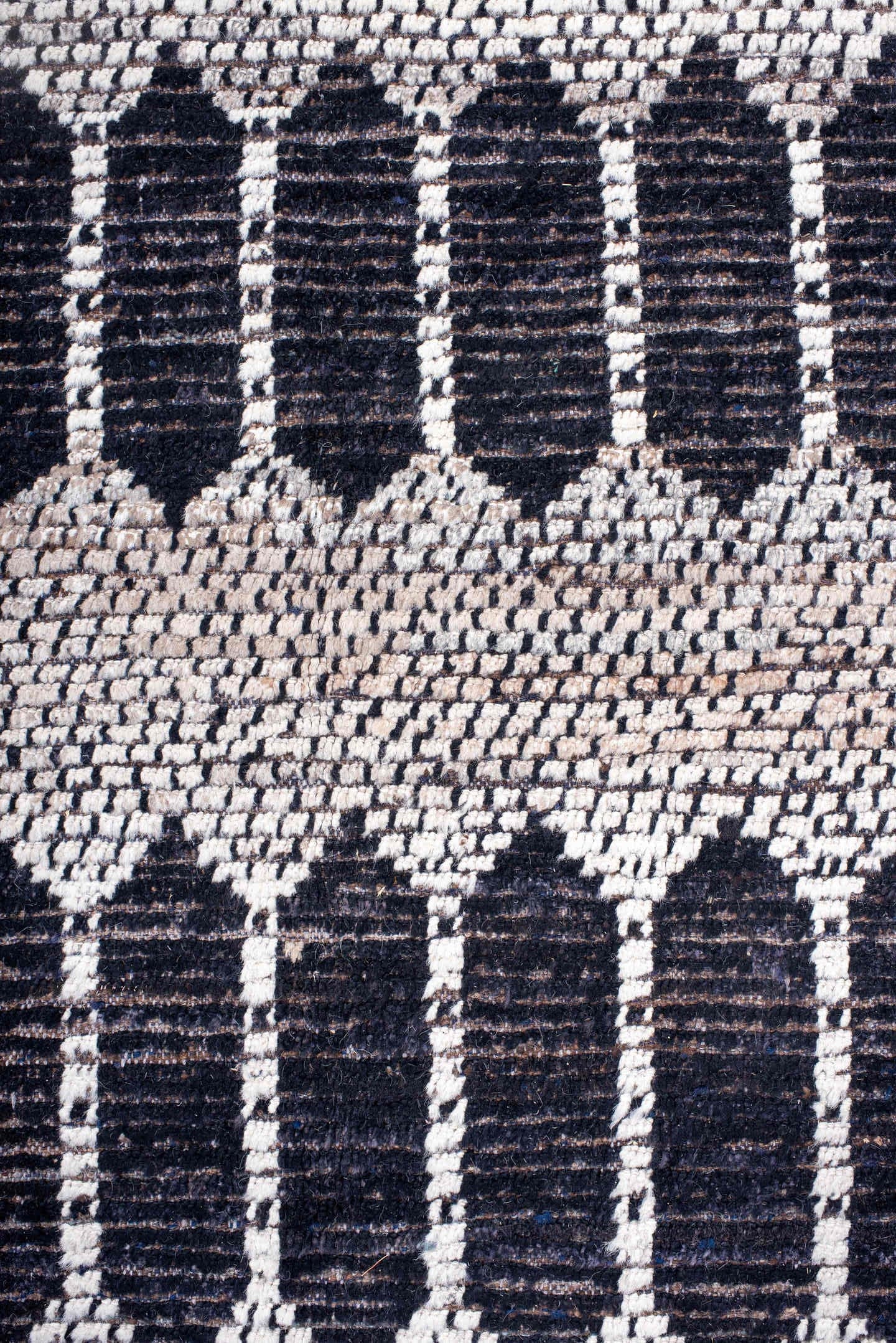 12' x 15' one-of-a-kind handmade vintage Tulu oversize rug. Color palette: ivory, charcoal, taupe, brown, gray, black, beige