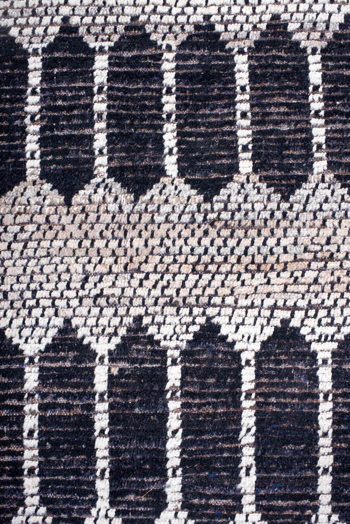 12' x 15' one-of-a-kind handmade vintage Tulu oversize rug. Color palette: ivory, charcoal, taupe, brown, gray, black, beige