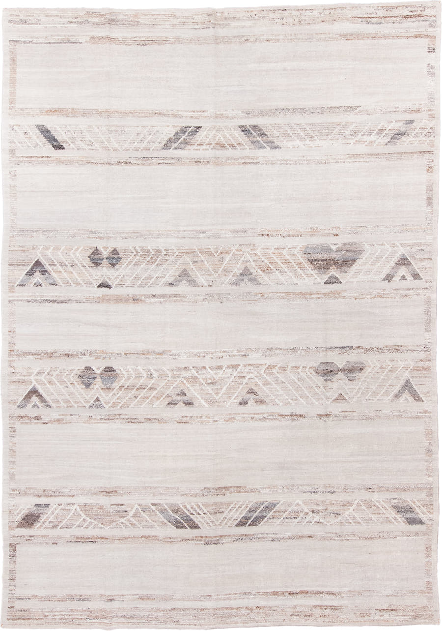 8' x 12' one-of-a-kind handmade vintage Tulu large size rug. Color palette: ivory, cream, taupe, light gray, beige, gray