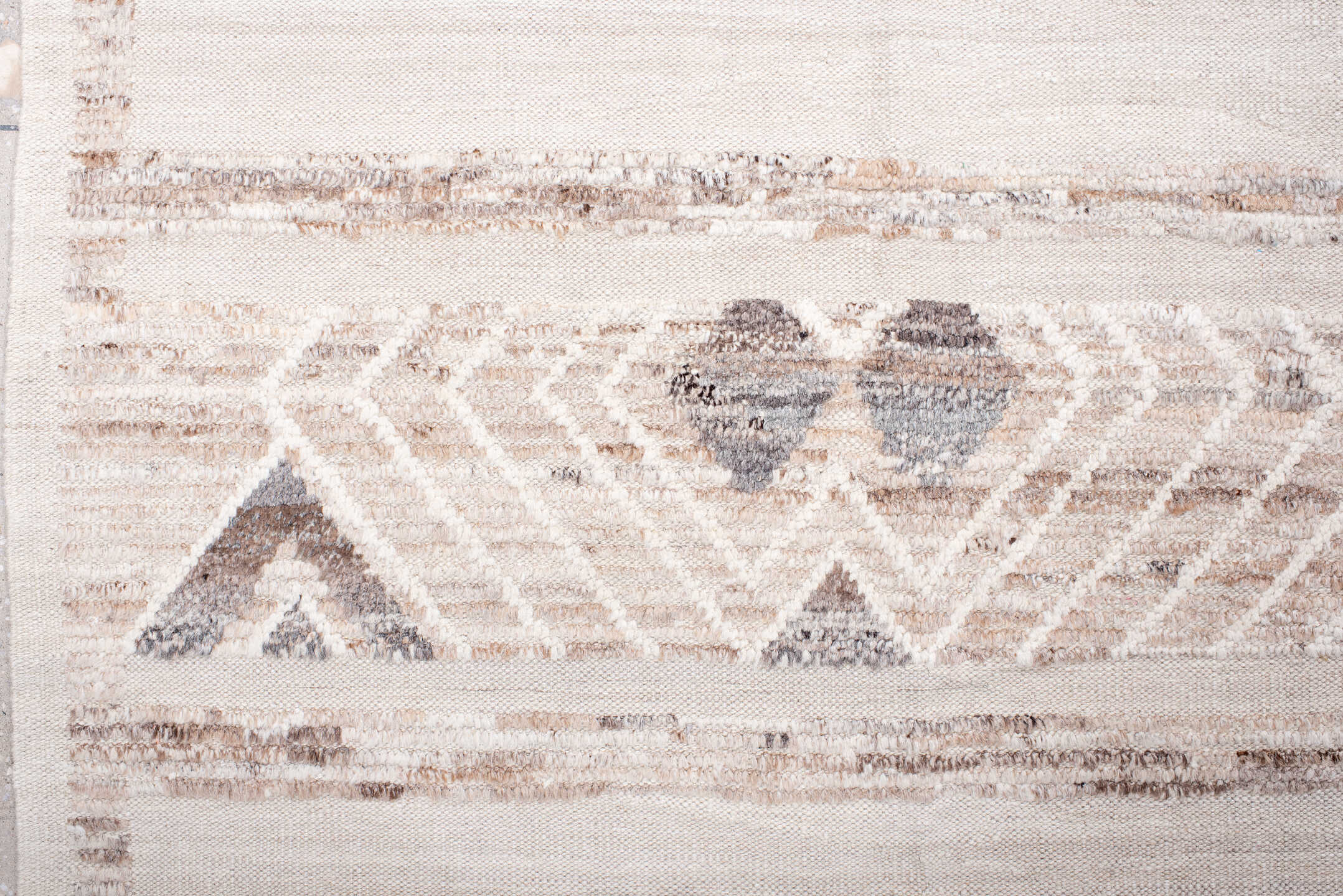 8' x 12' one-of-a-kind handmade vintage Tulu large size rug. Color palette: ivory, cream, taupe, light gray, beige, gray