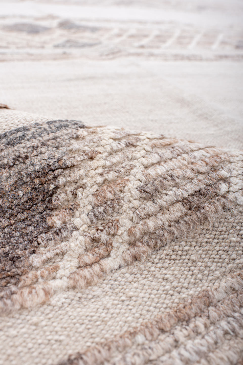 8' x 12' one-of-a-kind handmade vintage Tulu large size rug. Color palette: ivory, cream, taupe, light gray, beige, gray
