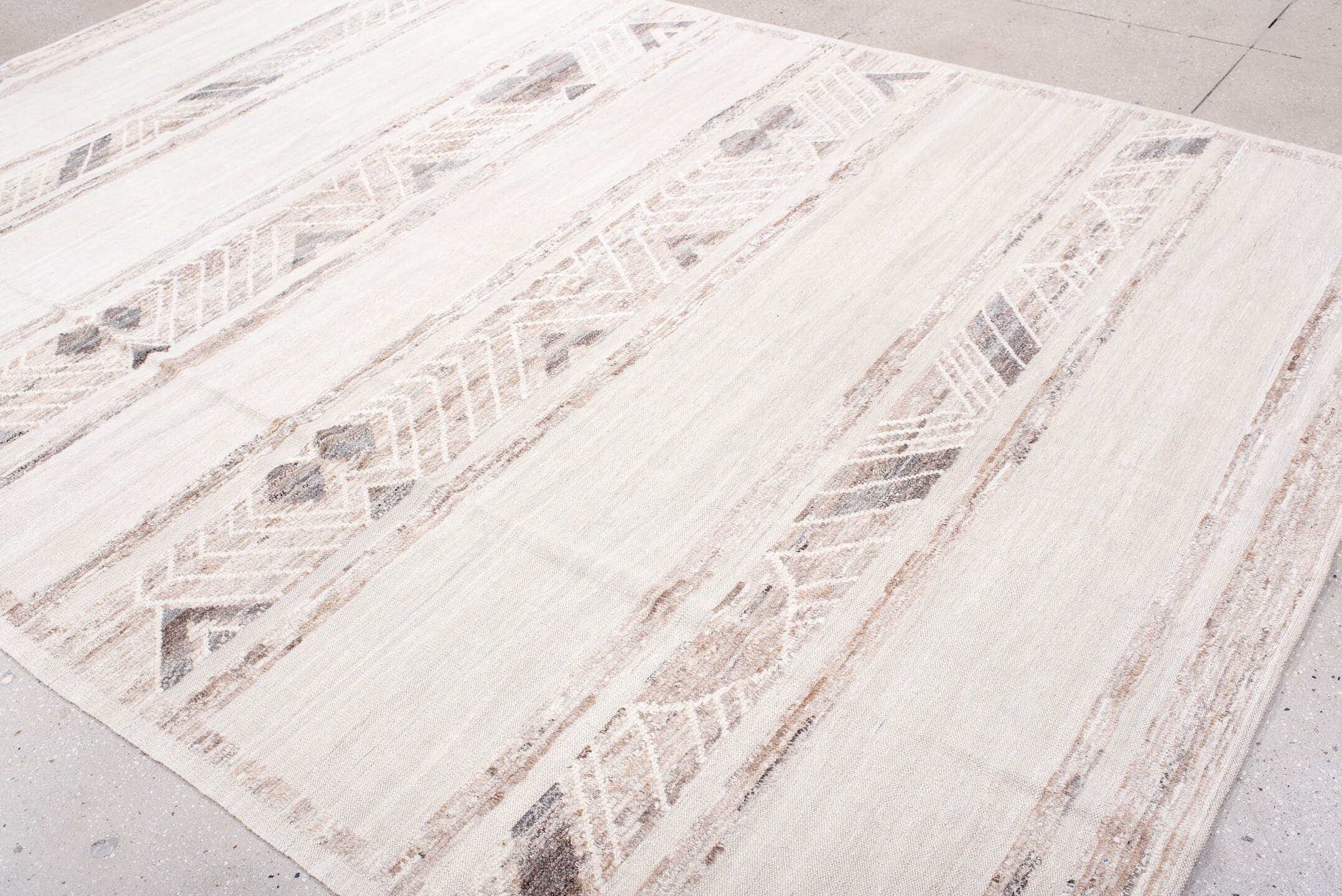 8' x 12' one-of-a-kind handmade vintage Tulu large size rug. Color palette: ivory, cream, taupe, light gray, beige, gray