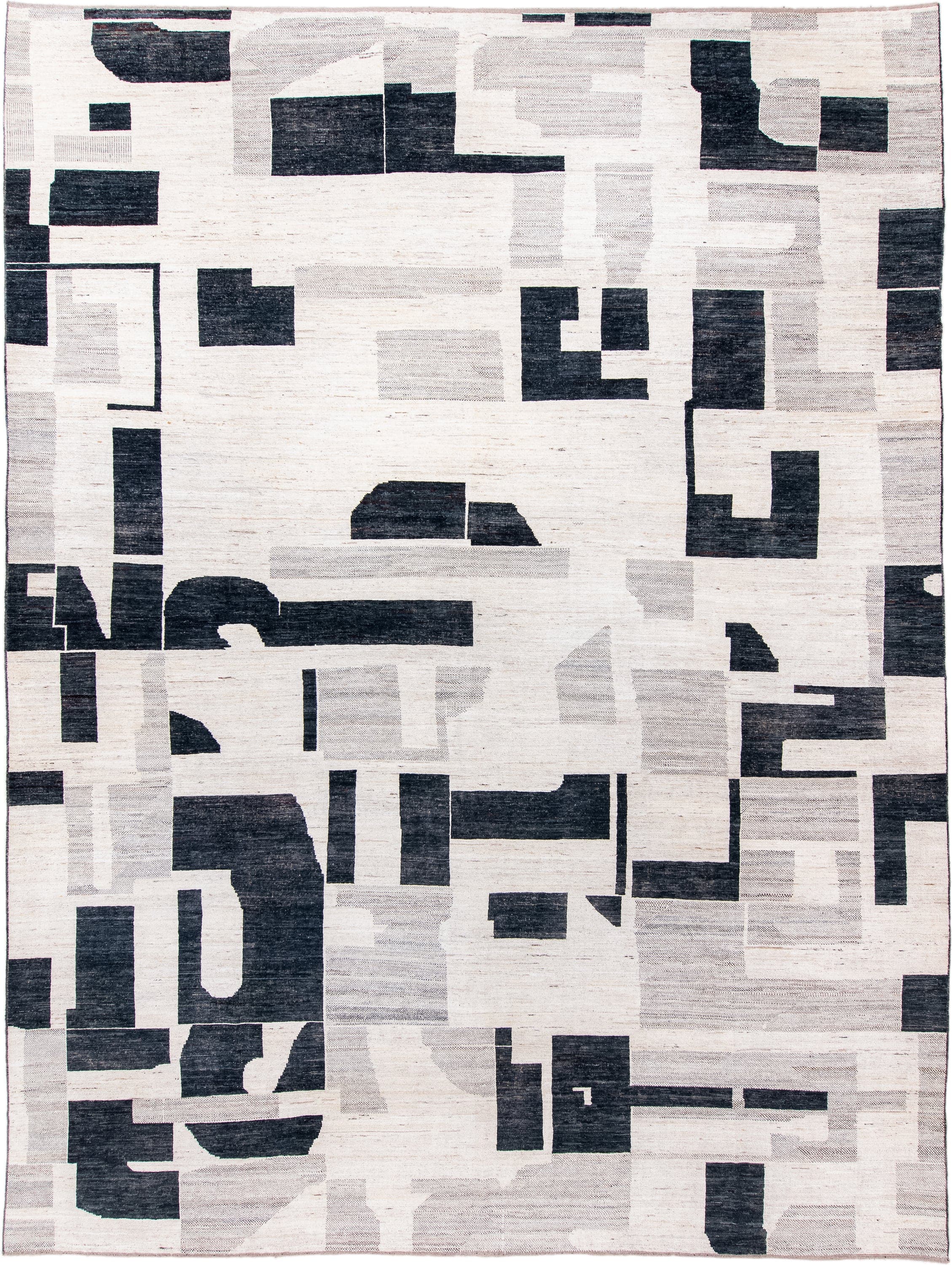 13' x 17' one-of-a-kind handmade vintage Tulu oversize rug. Color palette: ivory, charcoal, light gray, taupe, gray, black