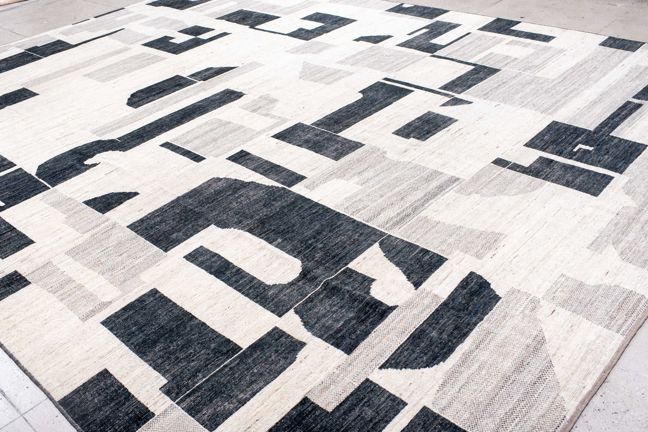 13' x 17' one-of-a-kind handmade vintage Tulu oversize rug. Color palette: black, blue, dark gray, dim gray, gainsboro, gray