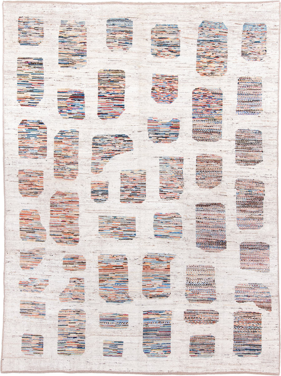8' x 11' one-of-a-kind handmade vintage Tulu large size rug. Color palette: ivory, sky blue, coral, slate, charcoal, taupe