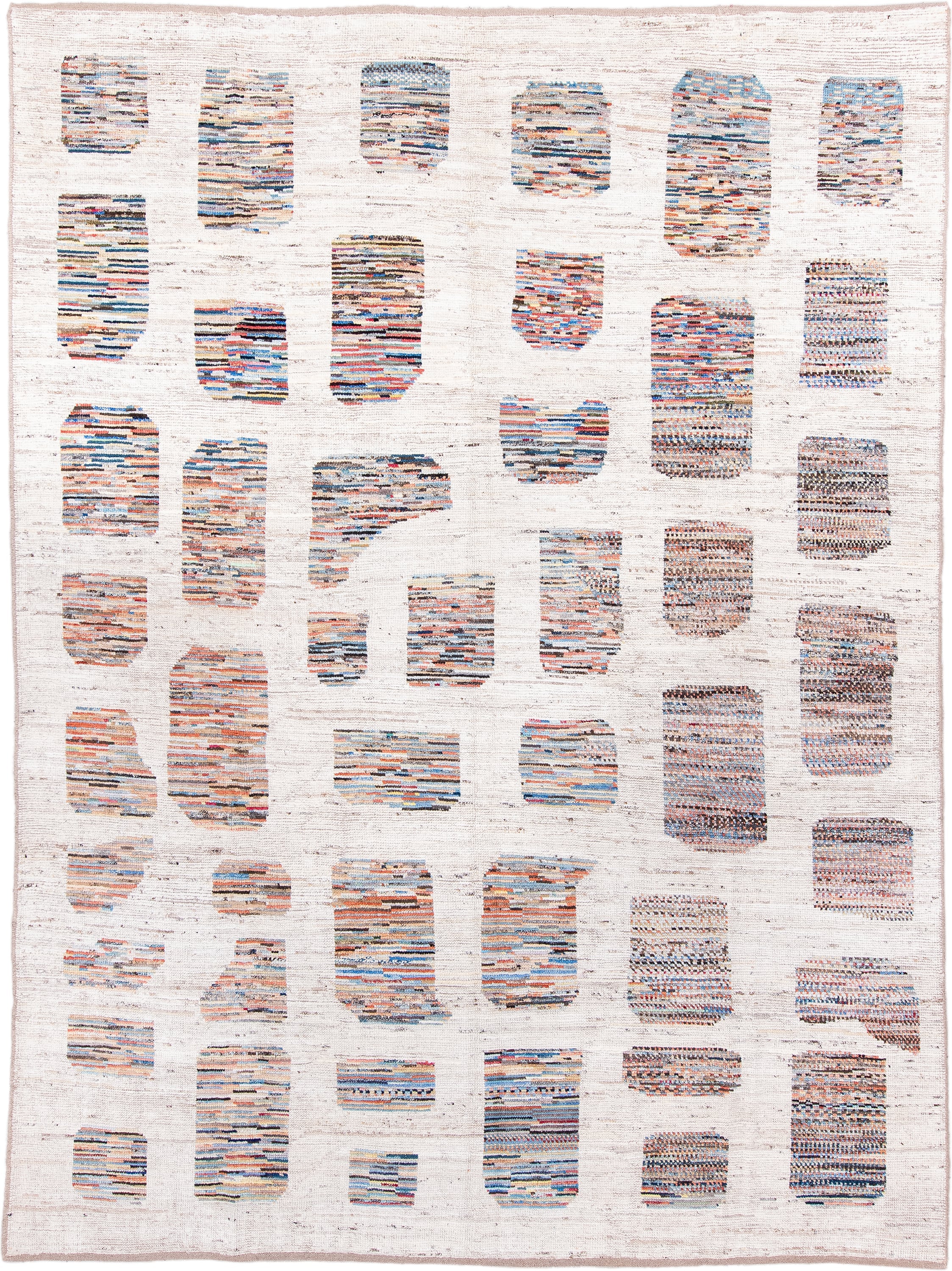 8' x 11' one-of-a-kind handmade vintage Tulu large size rug. Color palette: ivory, sky blue, coral, slate, charcoal, taupe