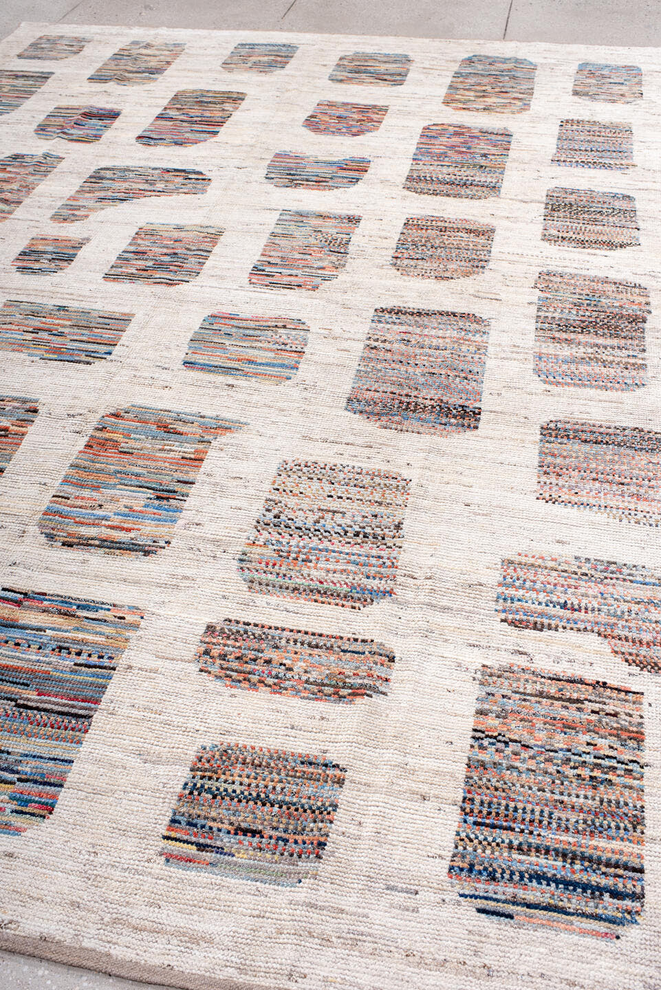 8' x 11' one-of-a-kind handmade vintage Tulu large size rug. Color palette: ivory, sky blue, coral, slate, charcoal, taupe