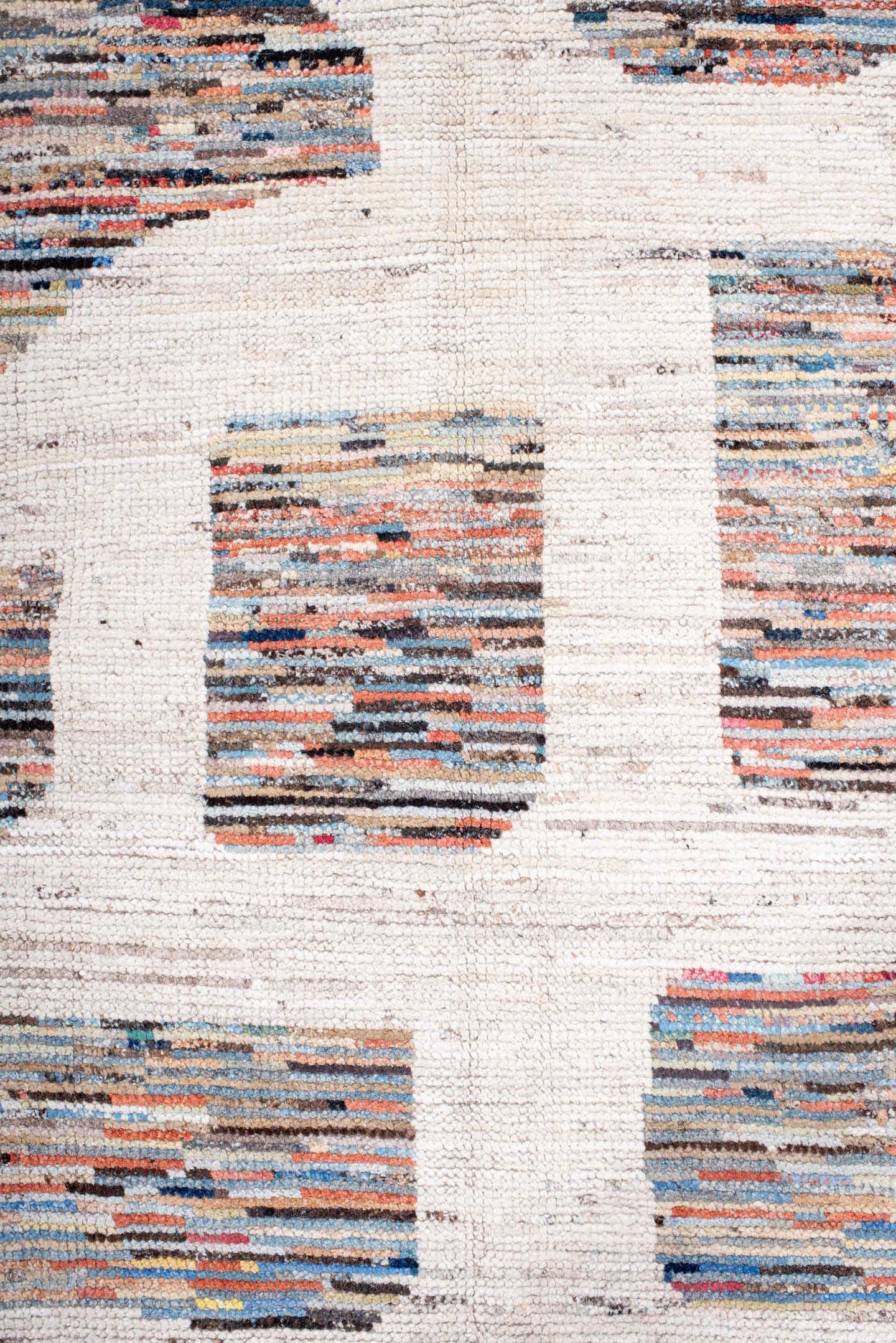 8' x 11' one-of-a-kind handmade vintage Tulu large size rug. Color palette: ivory, sky blue, coral, slate, charcoal, taupe