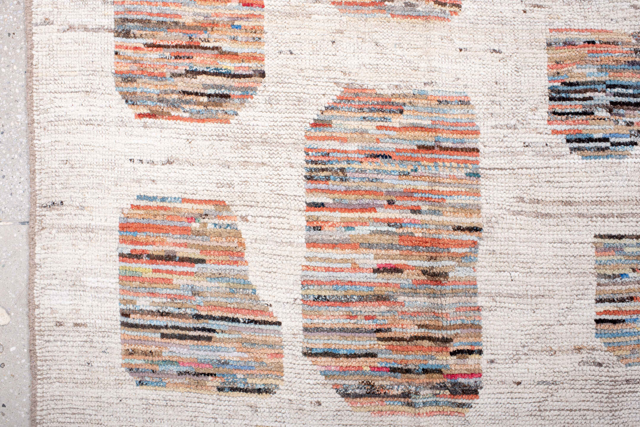 8' x 11' one-of-a-kind handmade vintage Tulu large size rug. Color palette: ivory, sky blue, coral, slate, charcoal, taupe