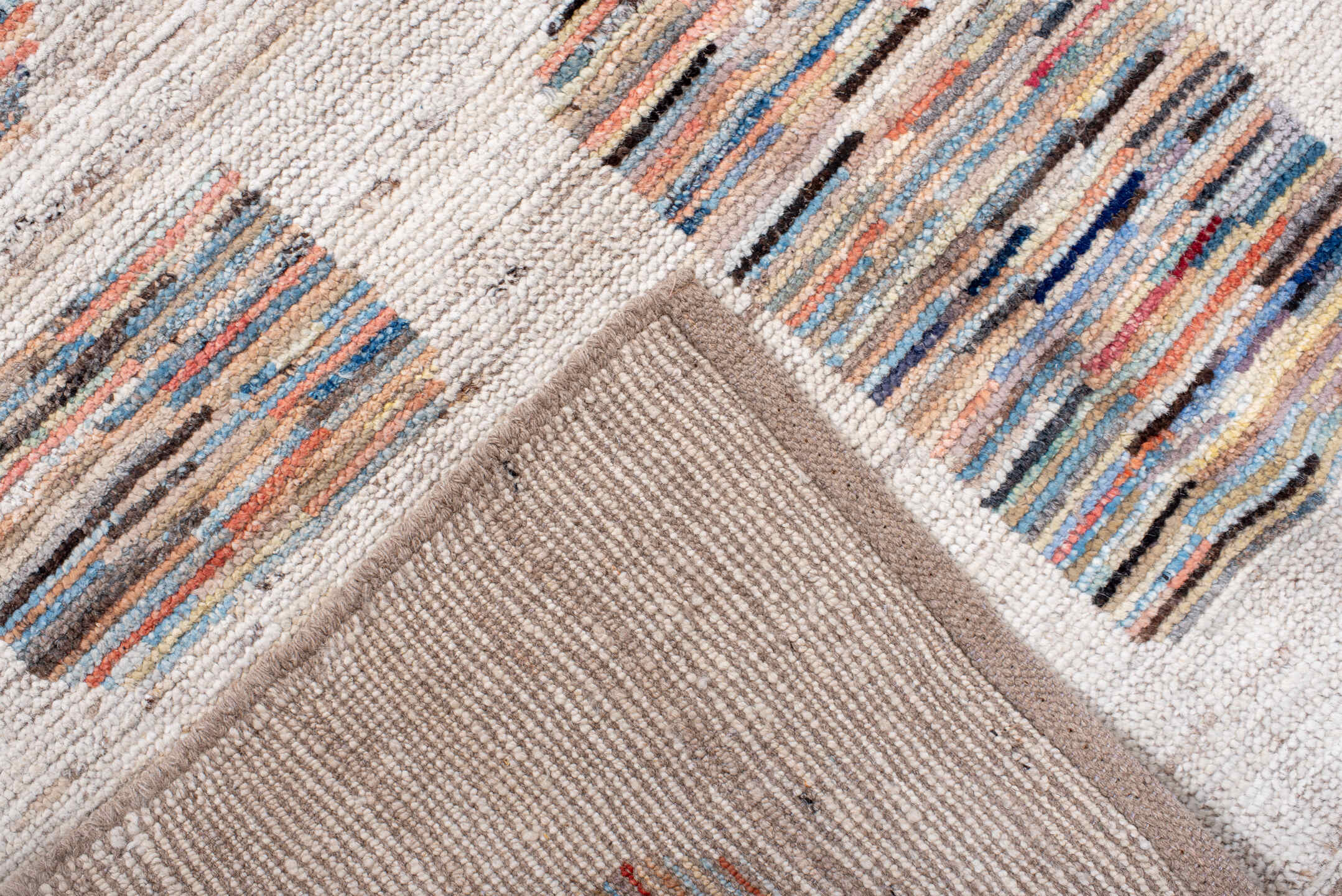 8' x 11' one-of-a-kind handmade vintage Tulu large size rug. Color palette: ivory, sky blue, coral, slate, charcoal, taupe