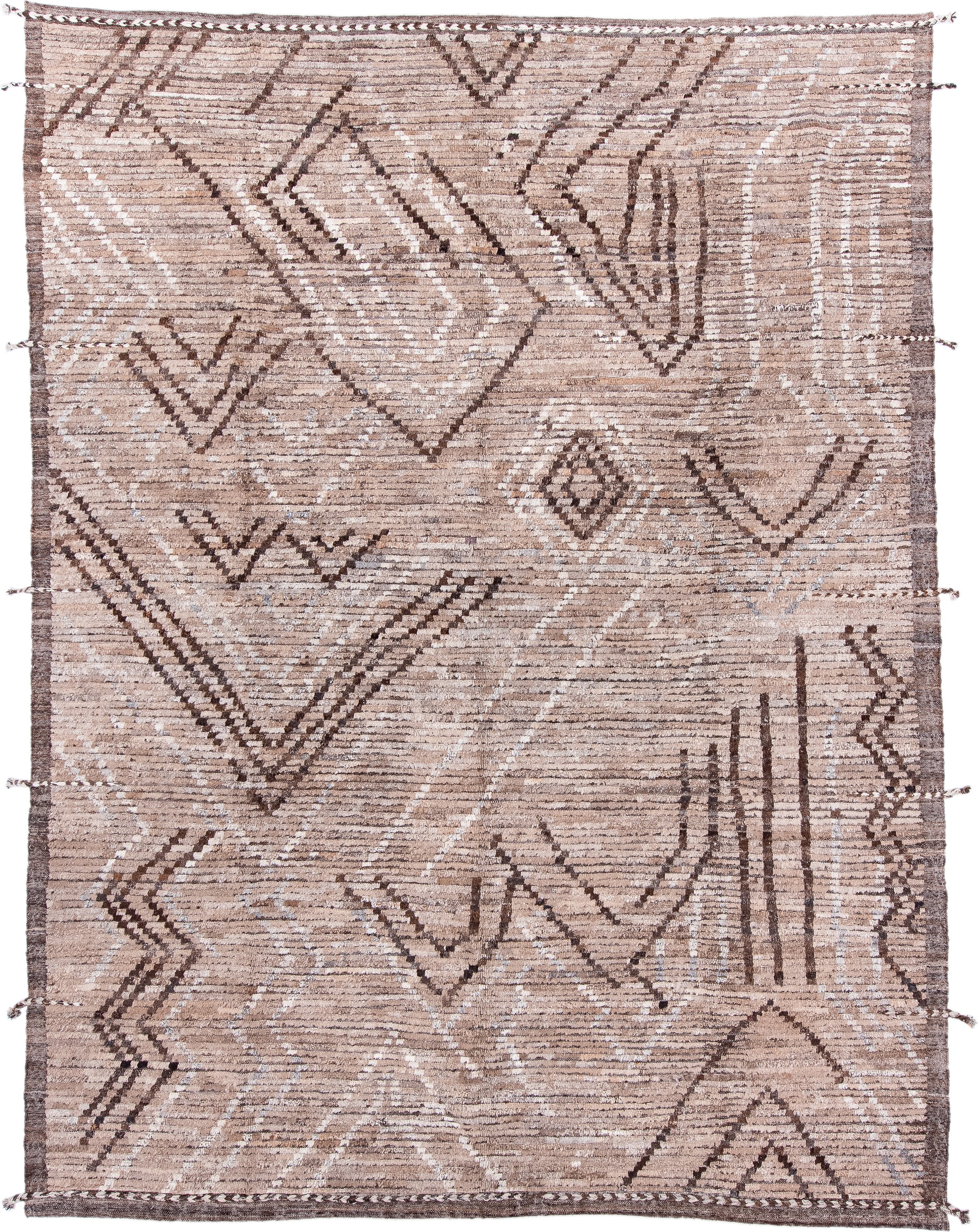 9' x 12' one-of-a-kind handmade vintage Tulu large size rug. Color palette: taupe, ivory, brown, camel, beige, gray