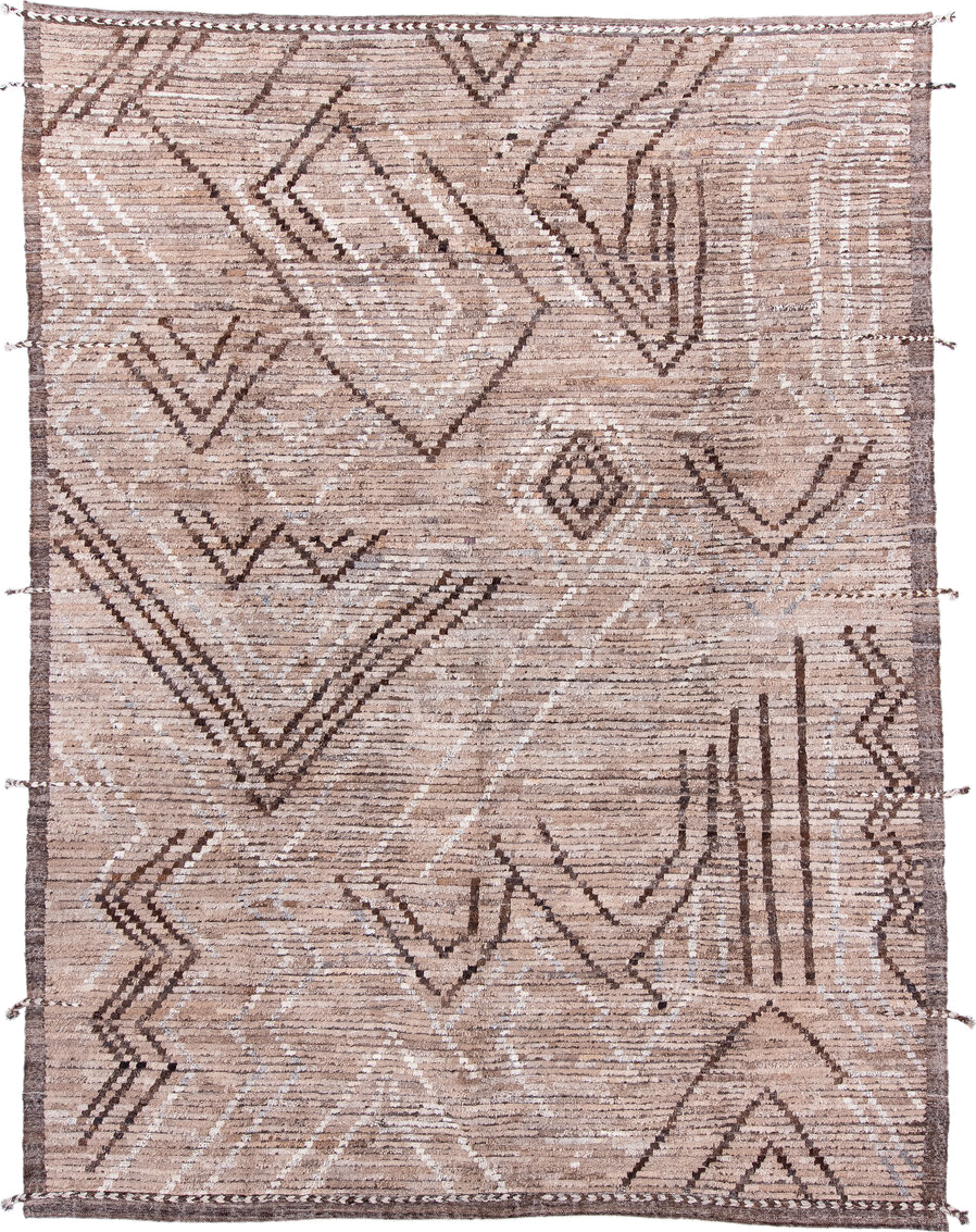 9' x 12' one-of-a-kind handmade vintage Tulu large size rug. Color palette: taupe, ivory, brown, camel, beige, gray