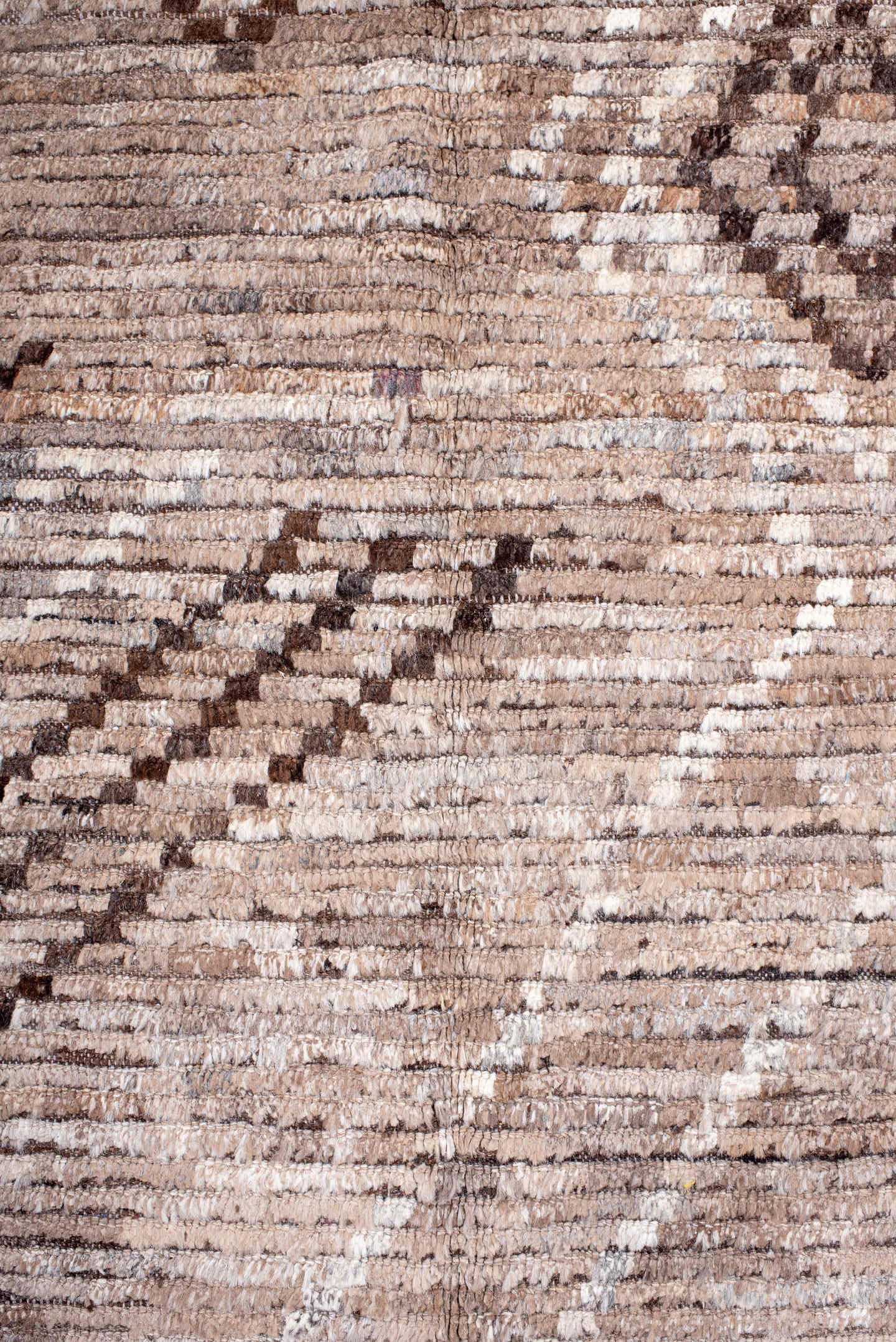 9' x 12' one-of-a-kind handmade vintage Tulu large size rug. Color palette: taupe, ivory, brown, camel, beige, gray